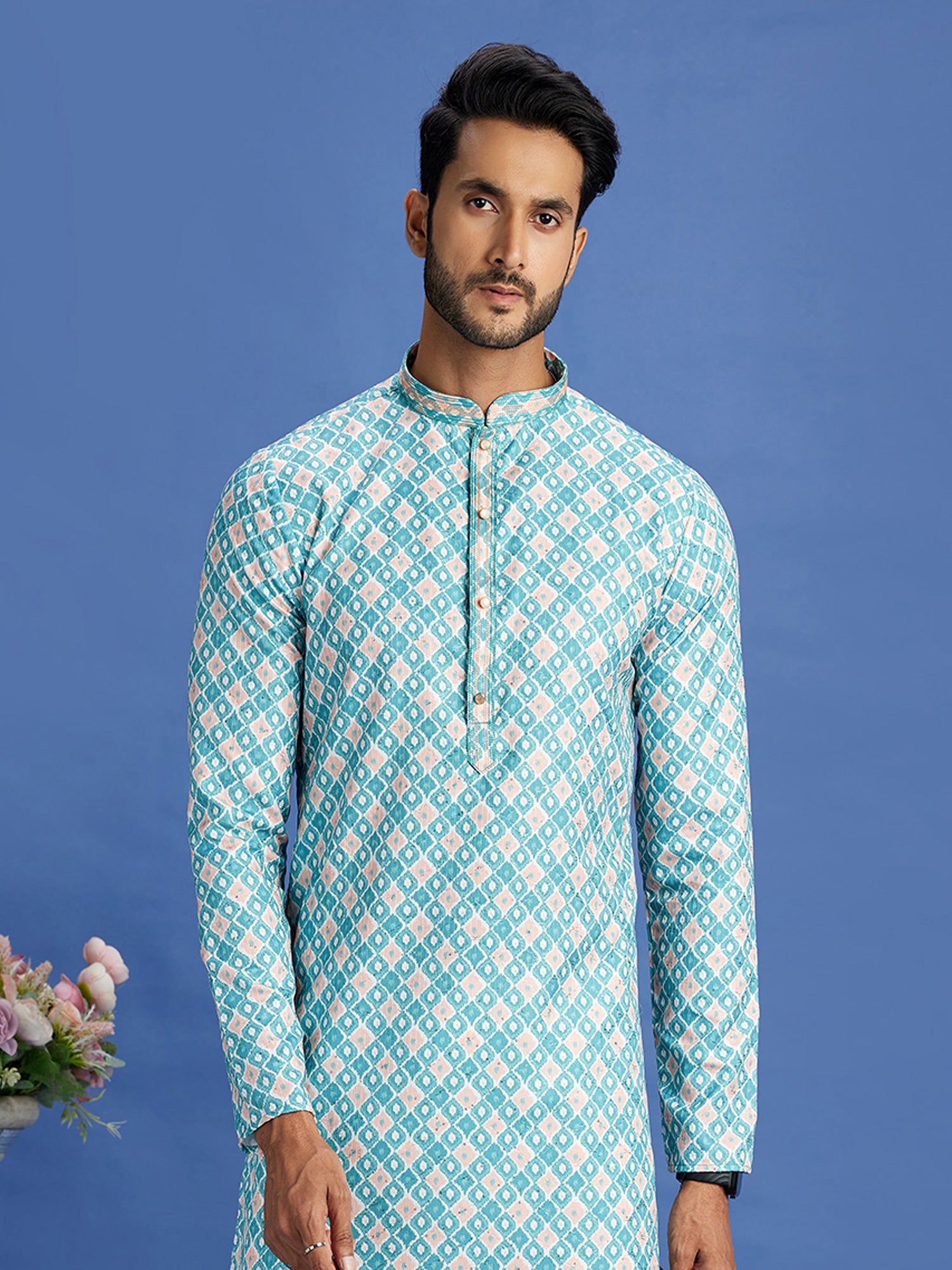 Light Blue Readymade Kurta Pyjama Set In Print