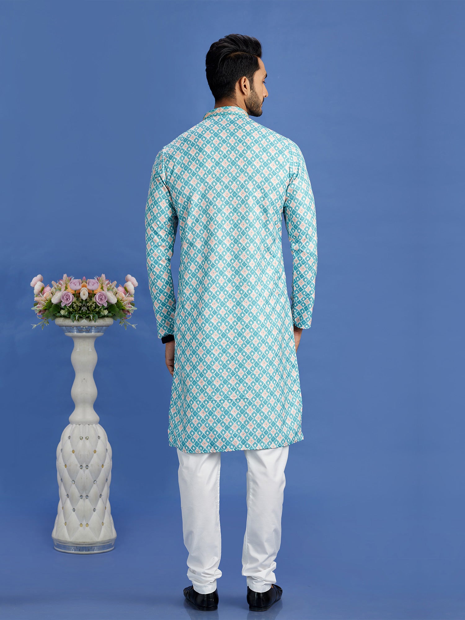 Light Blue Readymade Kurta Pyjama Set In Print