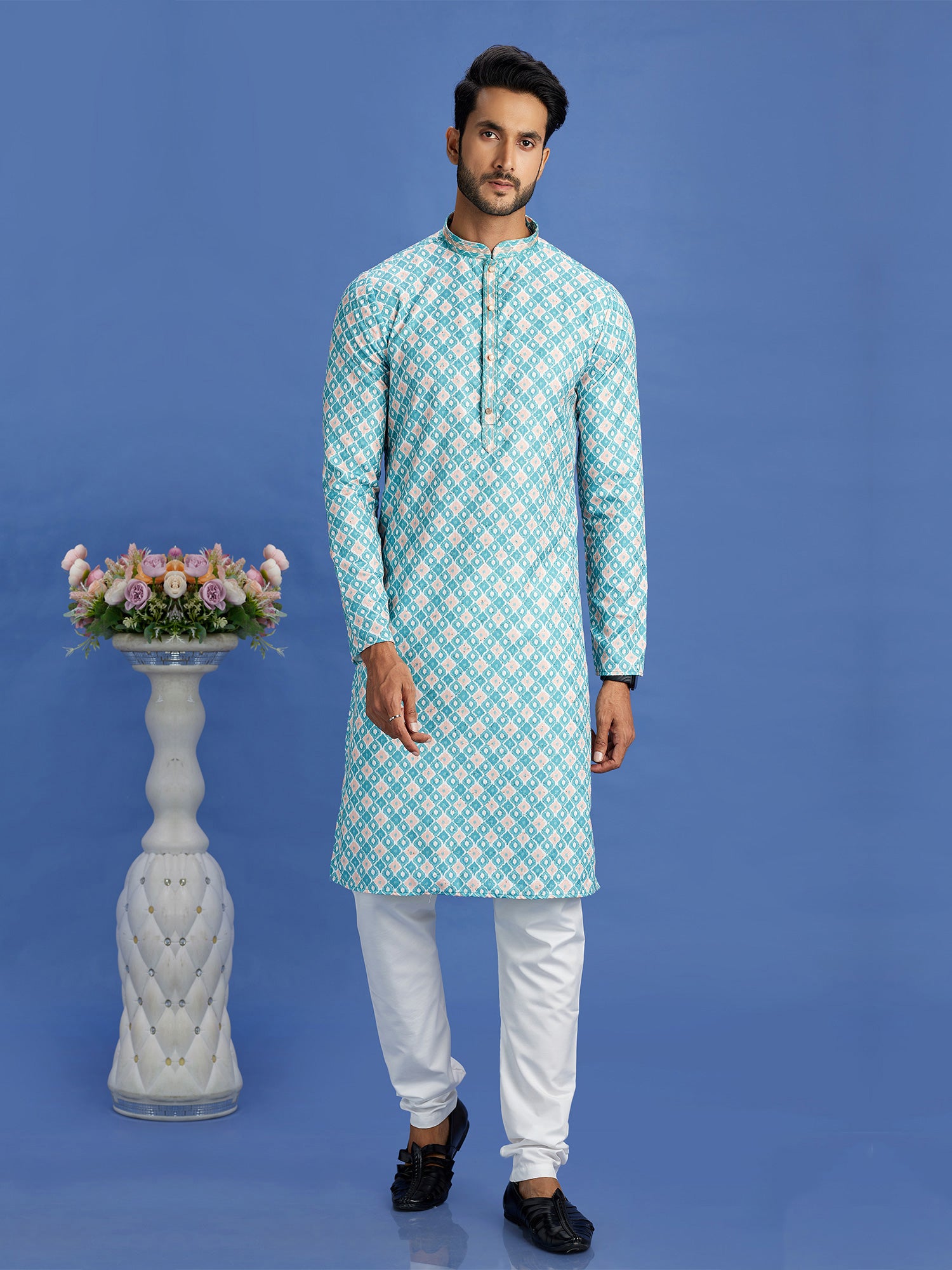 Light Blue Readymade Kurta Pyjama Set In Print