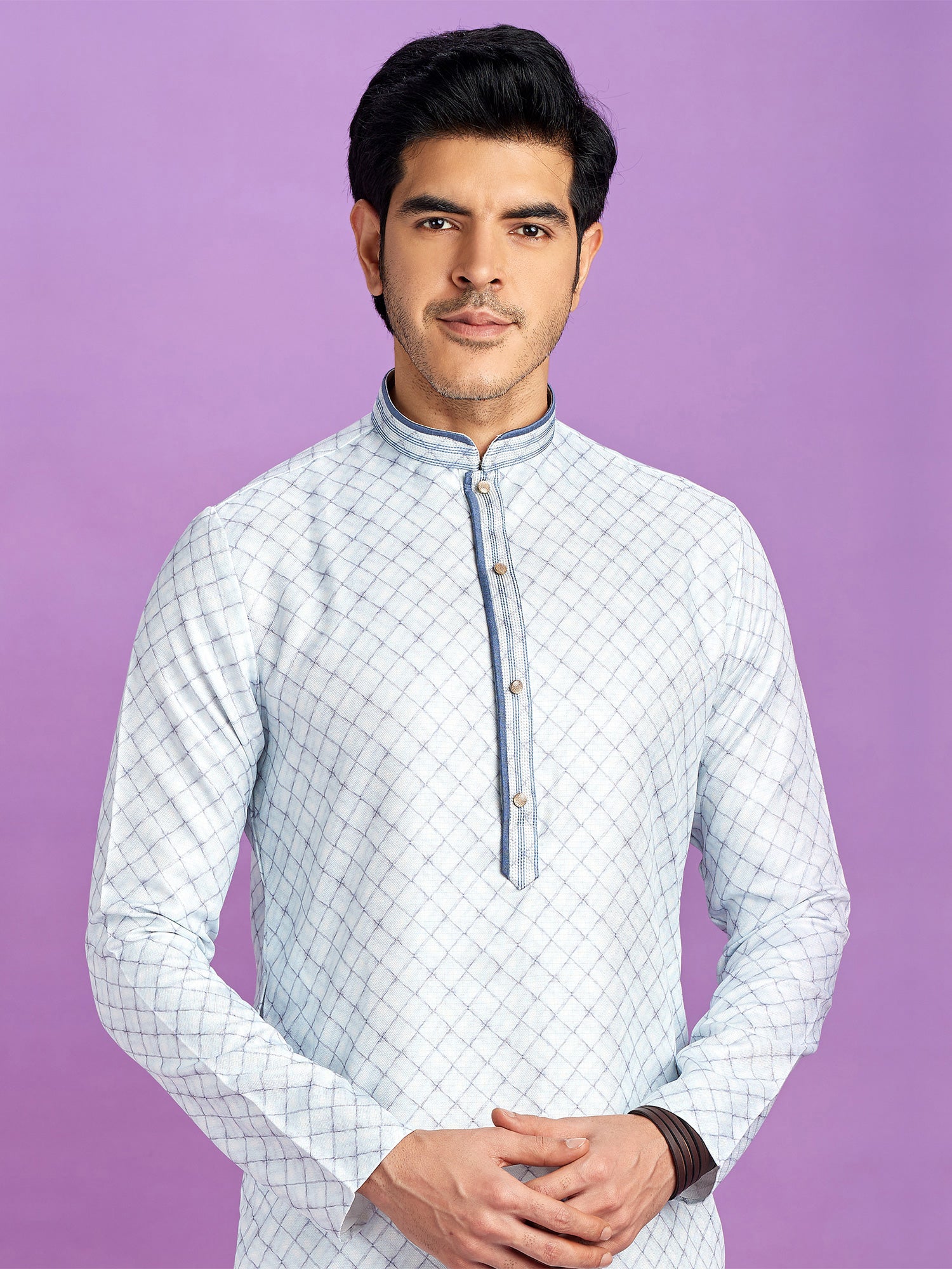Light Blue Mens Printed Kurta Pyjama In Cotton