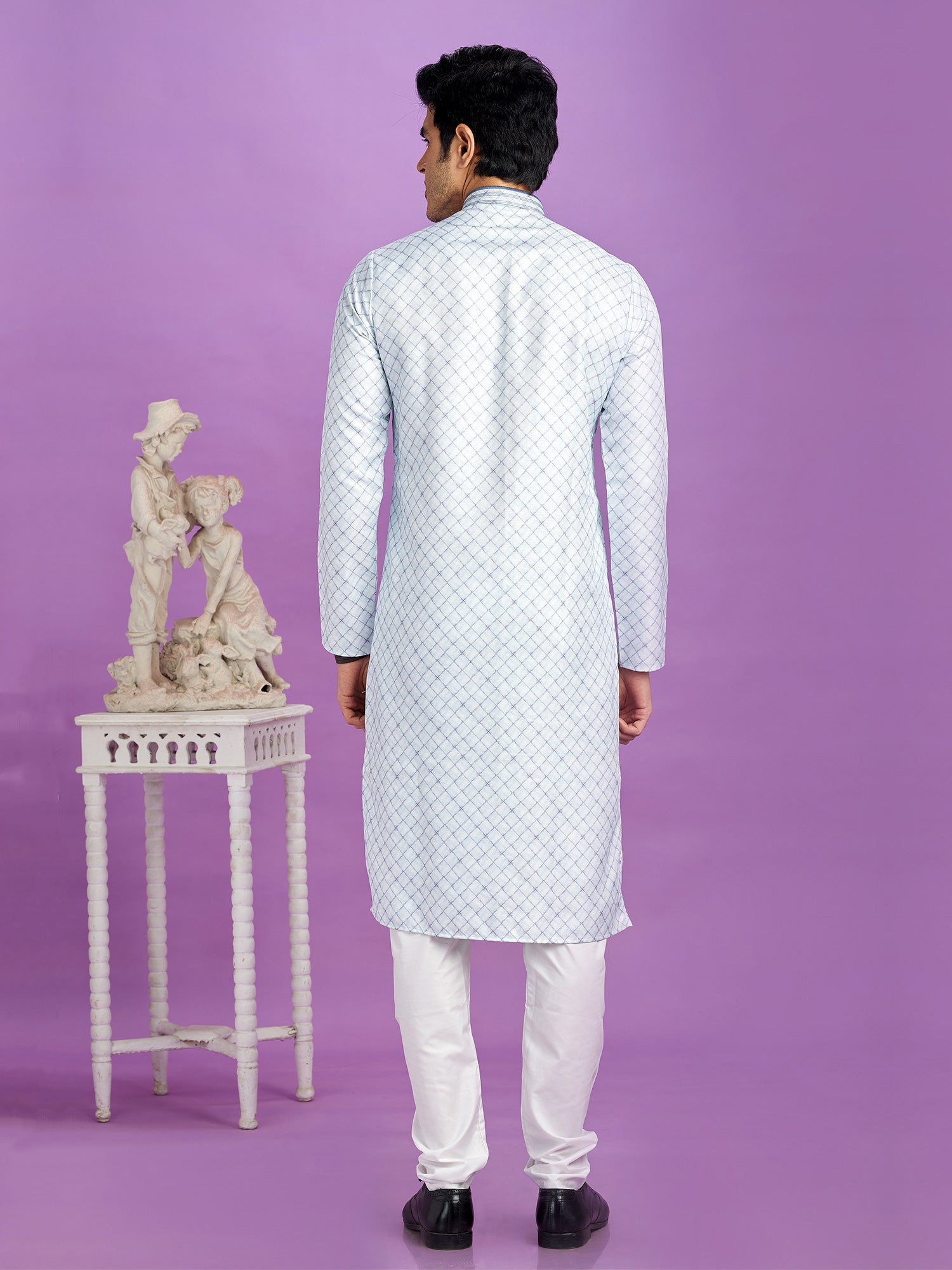 Light Blue Mens Printed Kurta Pyjama In Cotton