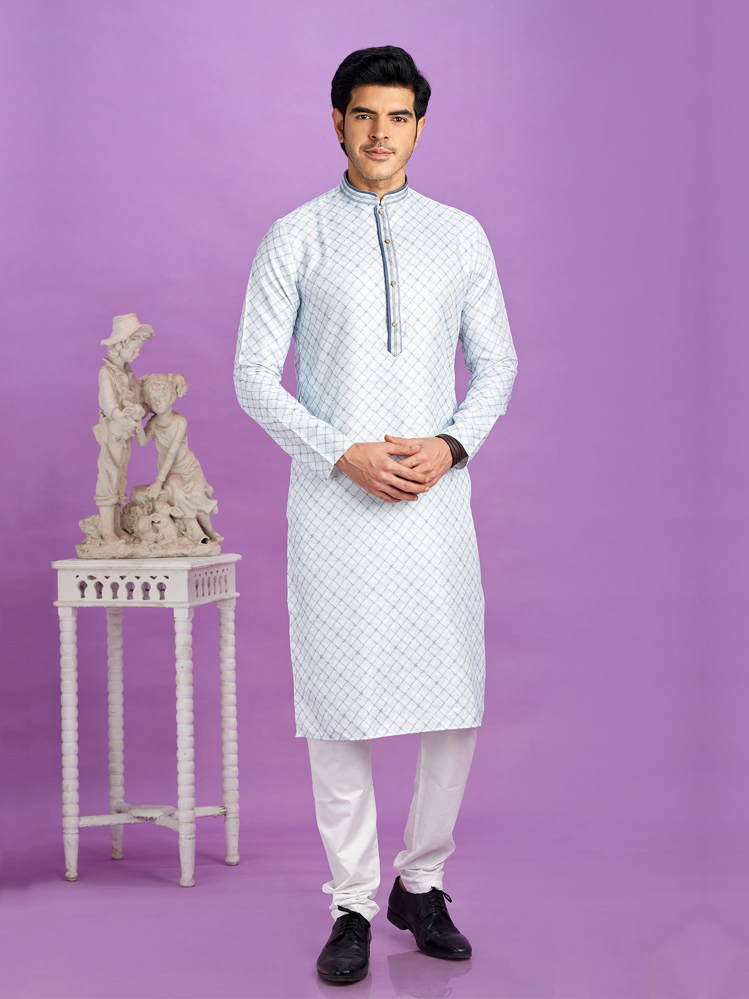 Light Blue Mens Printed Kurta Pyjama In Cotton