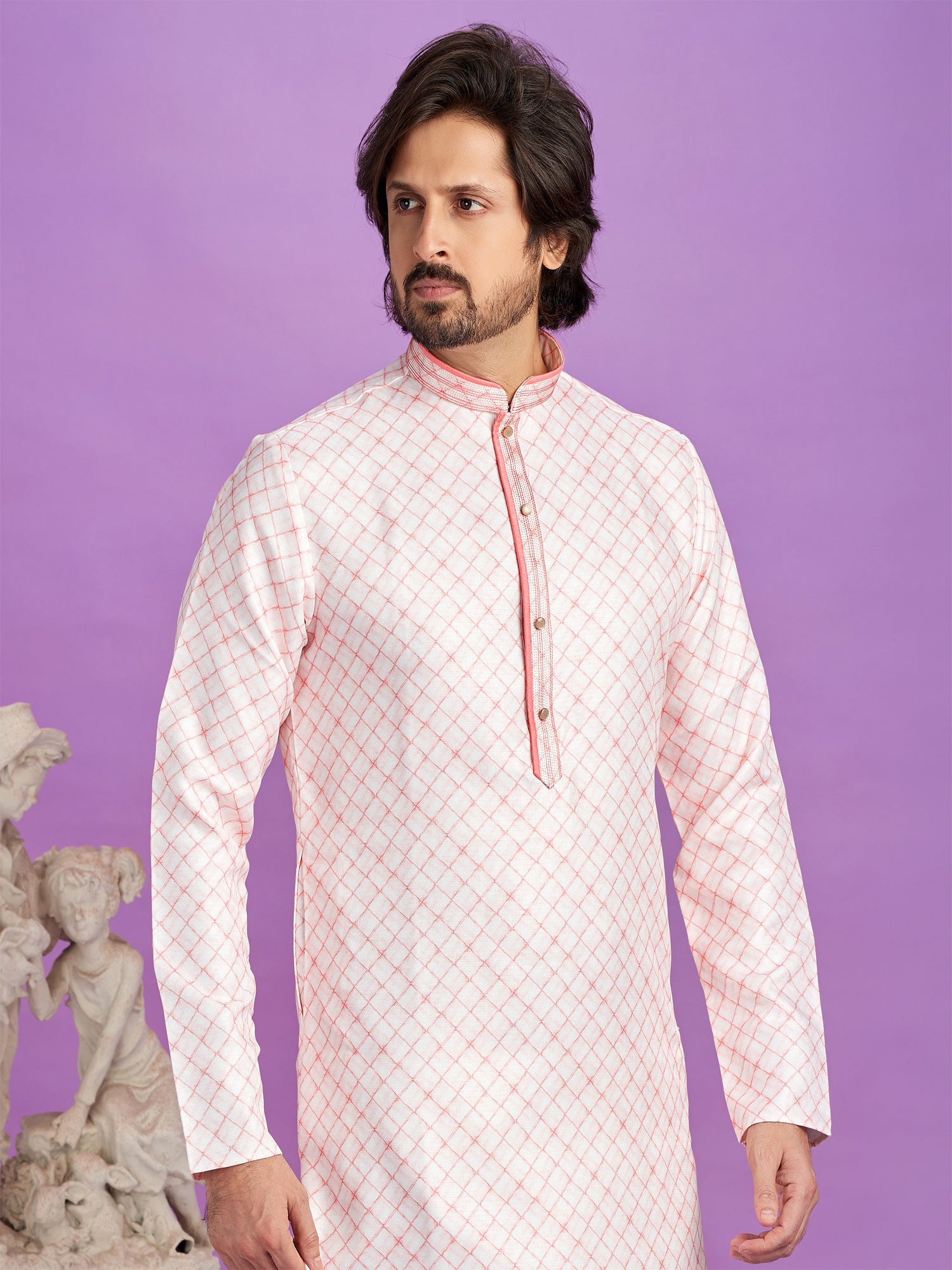 Light Pink Cotton Kurta Pyjama For Mens In Print