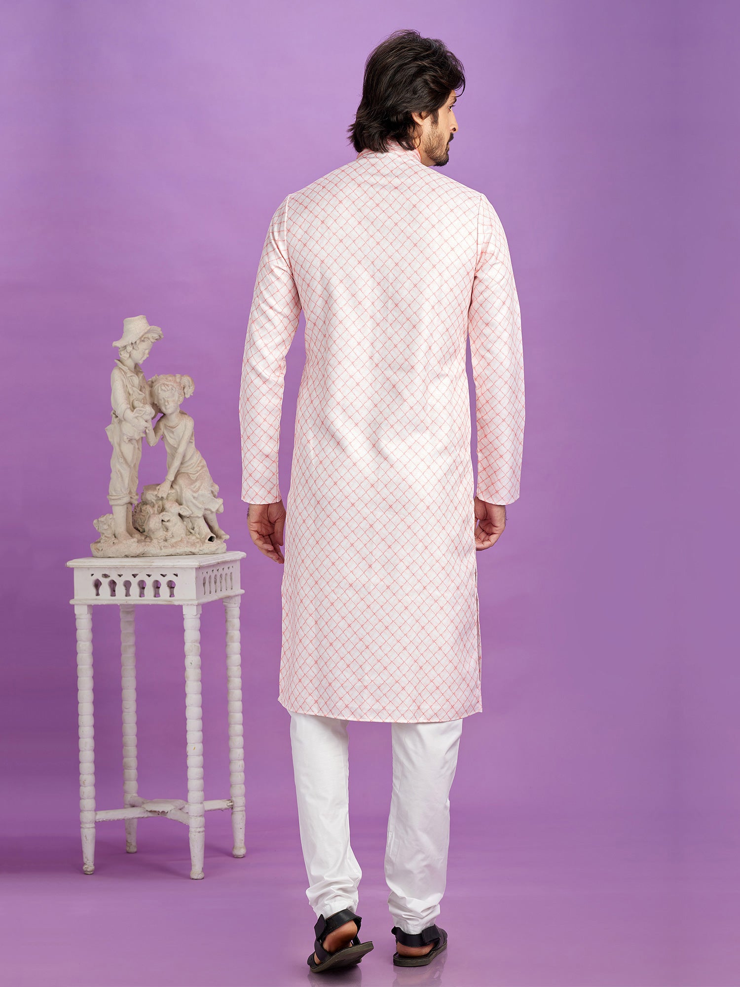 Light Pink Cotton Kurta Pyjama For Mens In Print