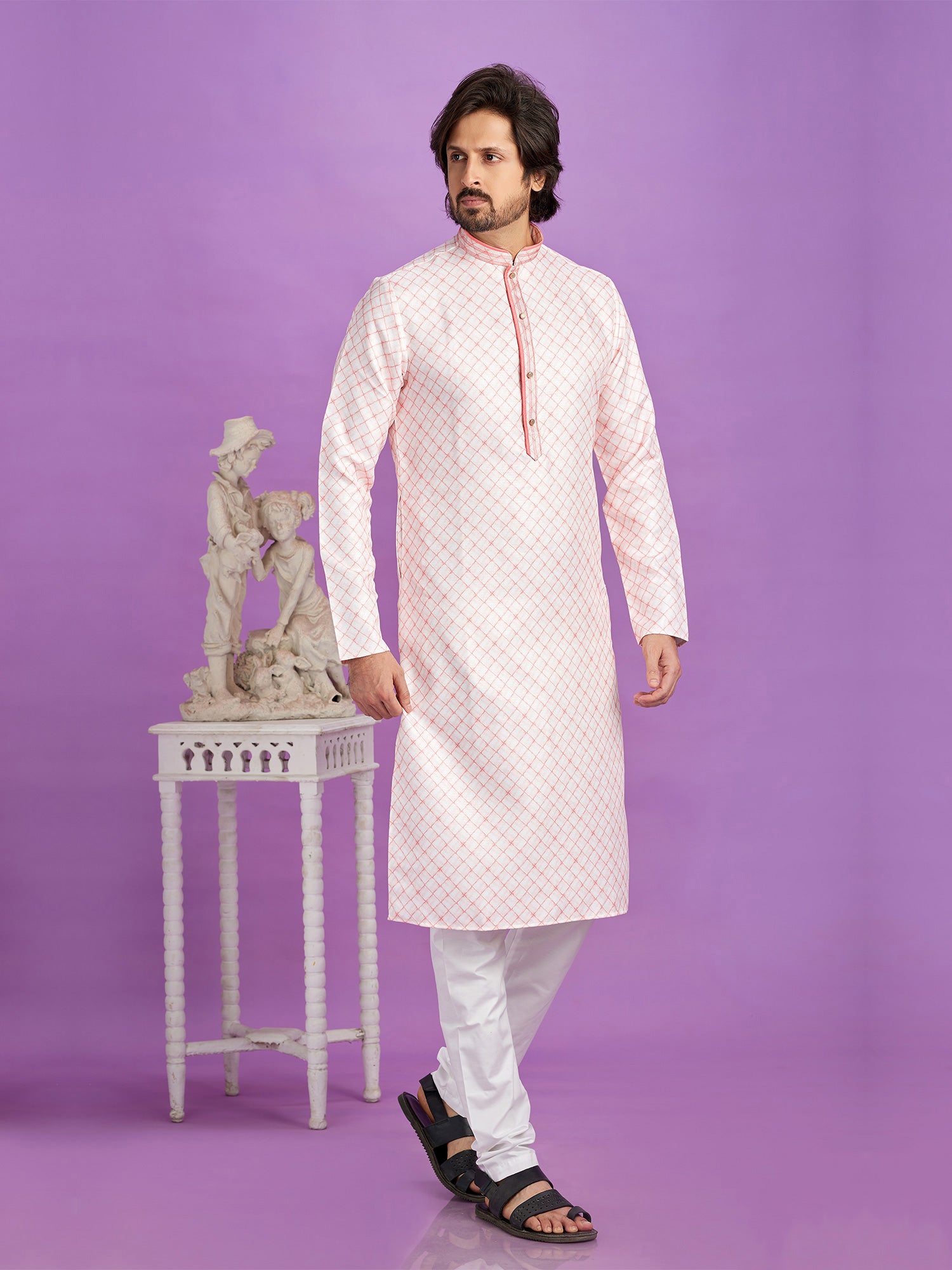Light Pink Cotton Kurta Pyjama For Mens In Print