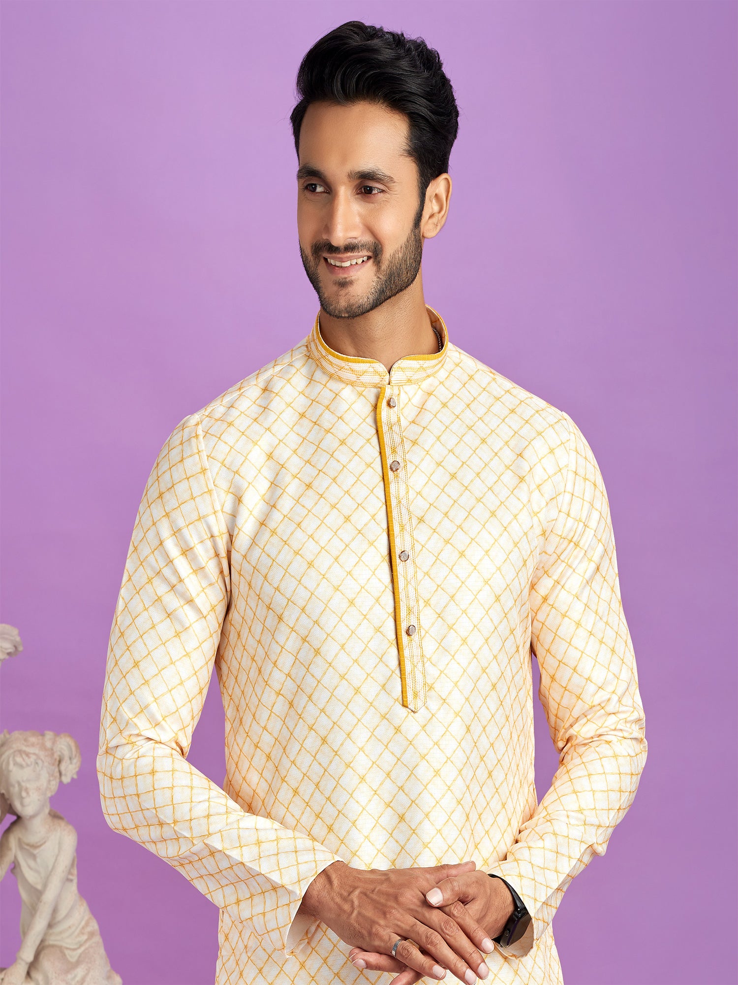 Yellow Mens Printed Kurta Pyjama In Cotton