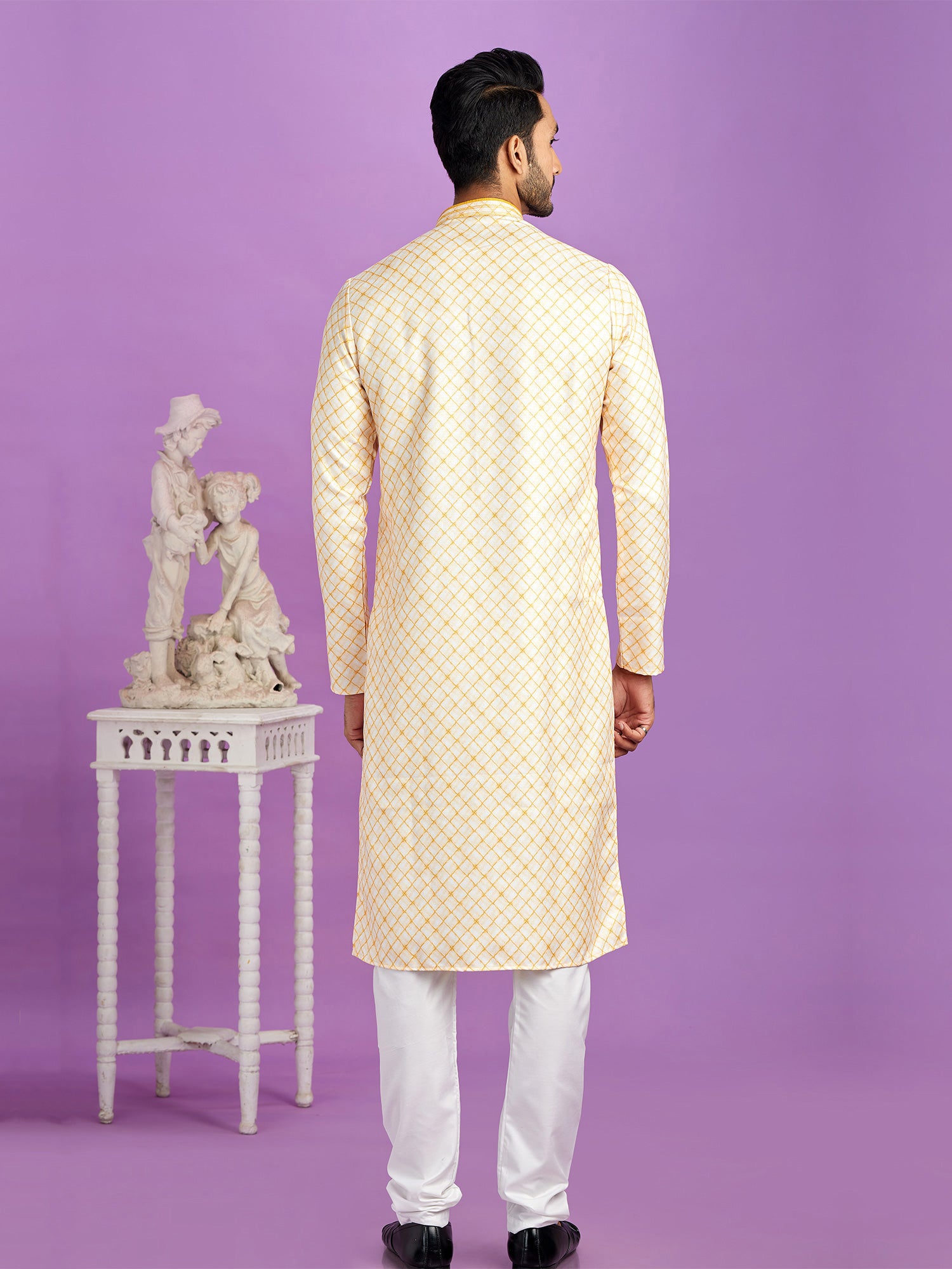 Yellow Mens Printed Kurta Pyjama In Cotton