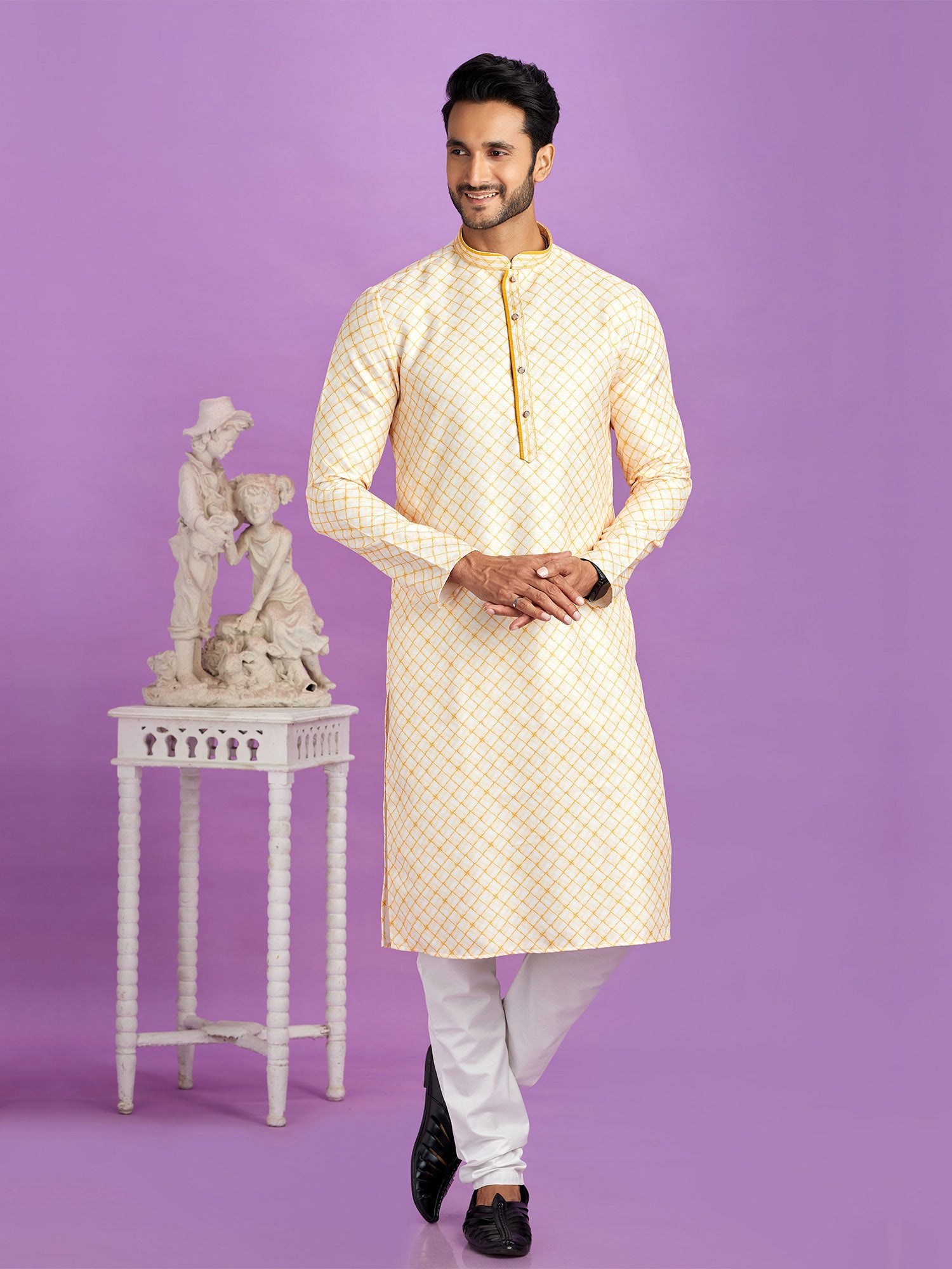 Yellow Mens Printed Kurta Pyjama In Cotton
