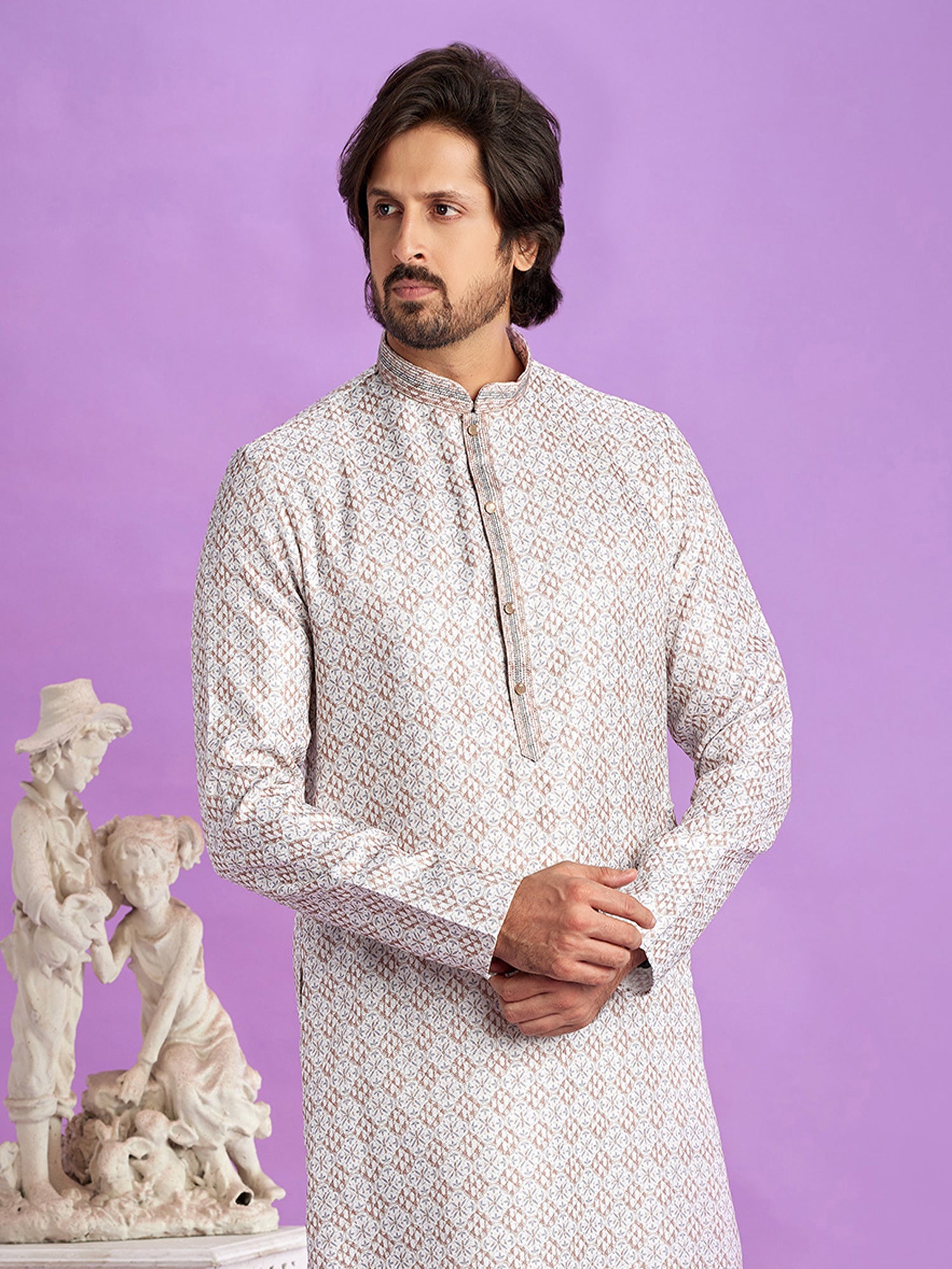 White Printed Casual Kurta Pyjama Set For Mens