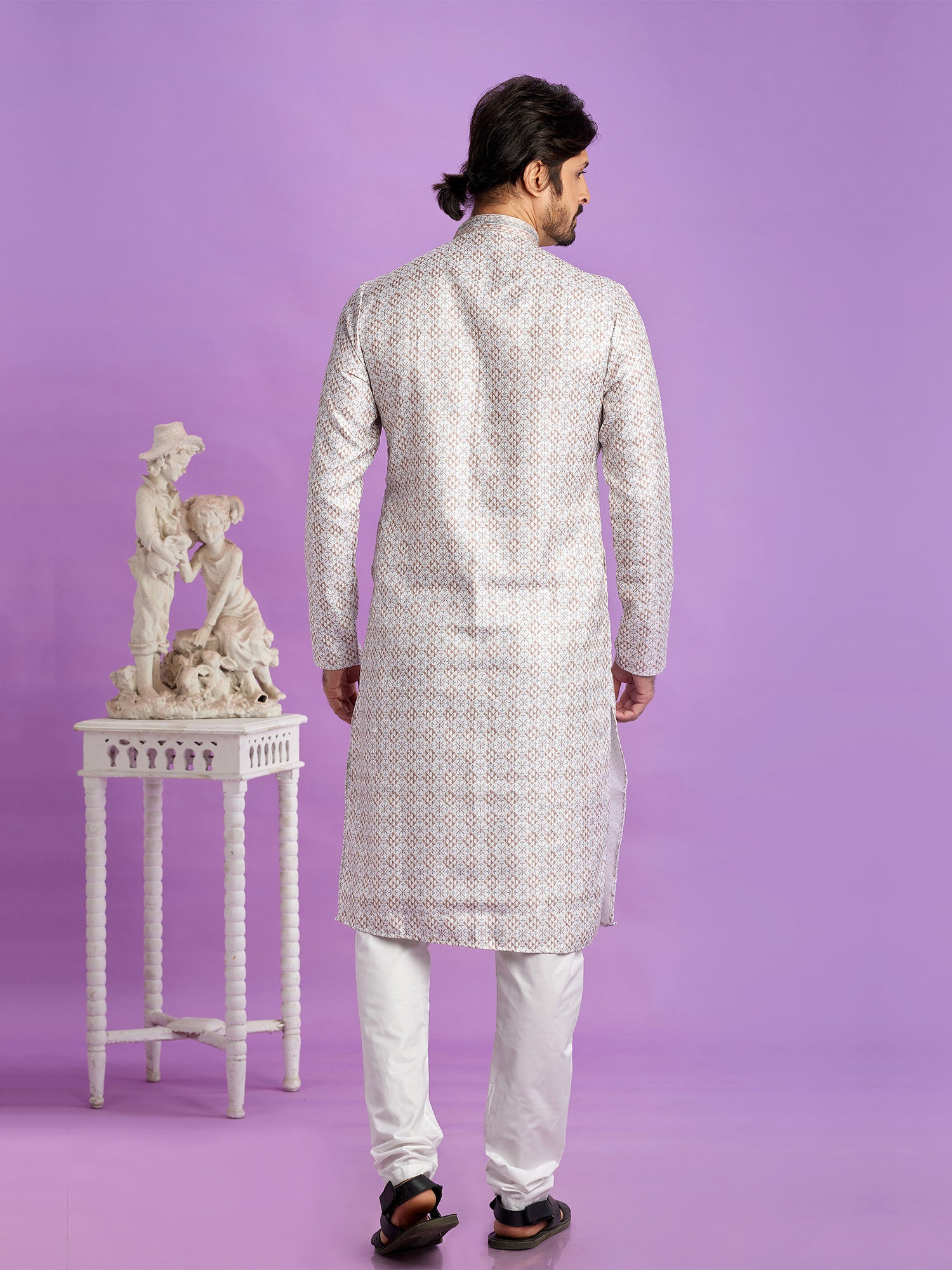 White Printed Casual Kurta Pyjama Set For Mens