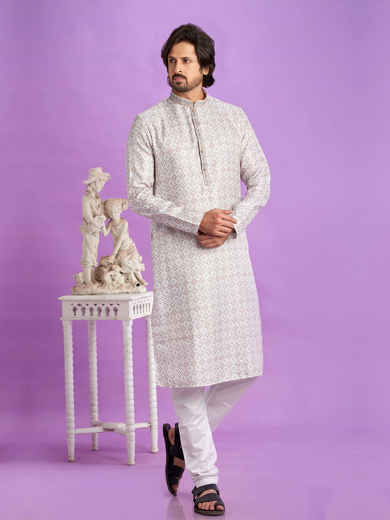 White Printed Casual Kurta Pyjama Set For Mens