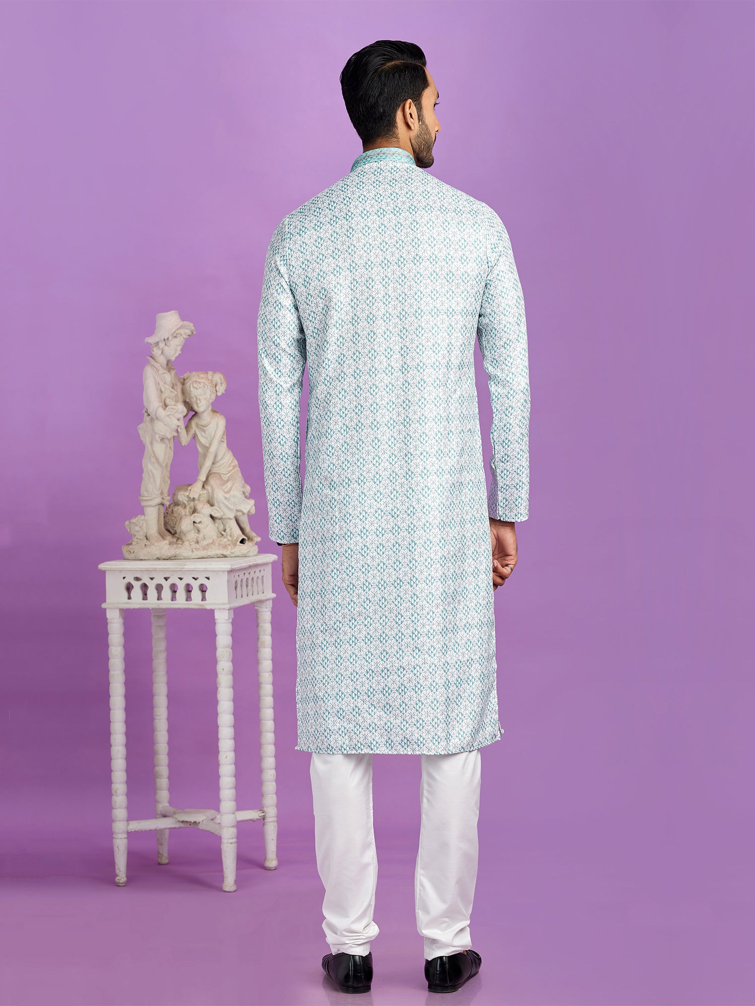 Light Blue Printed Kurta Pyjama In Cotton For Mens