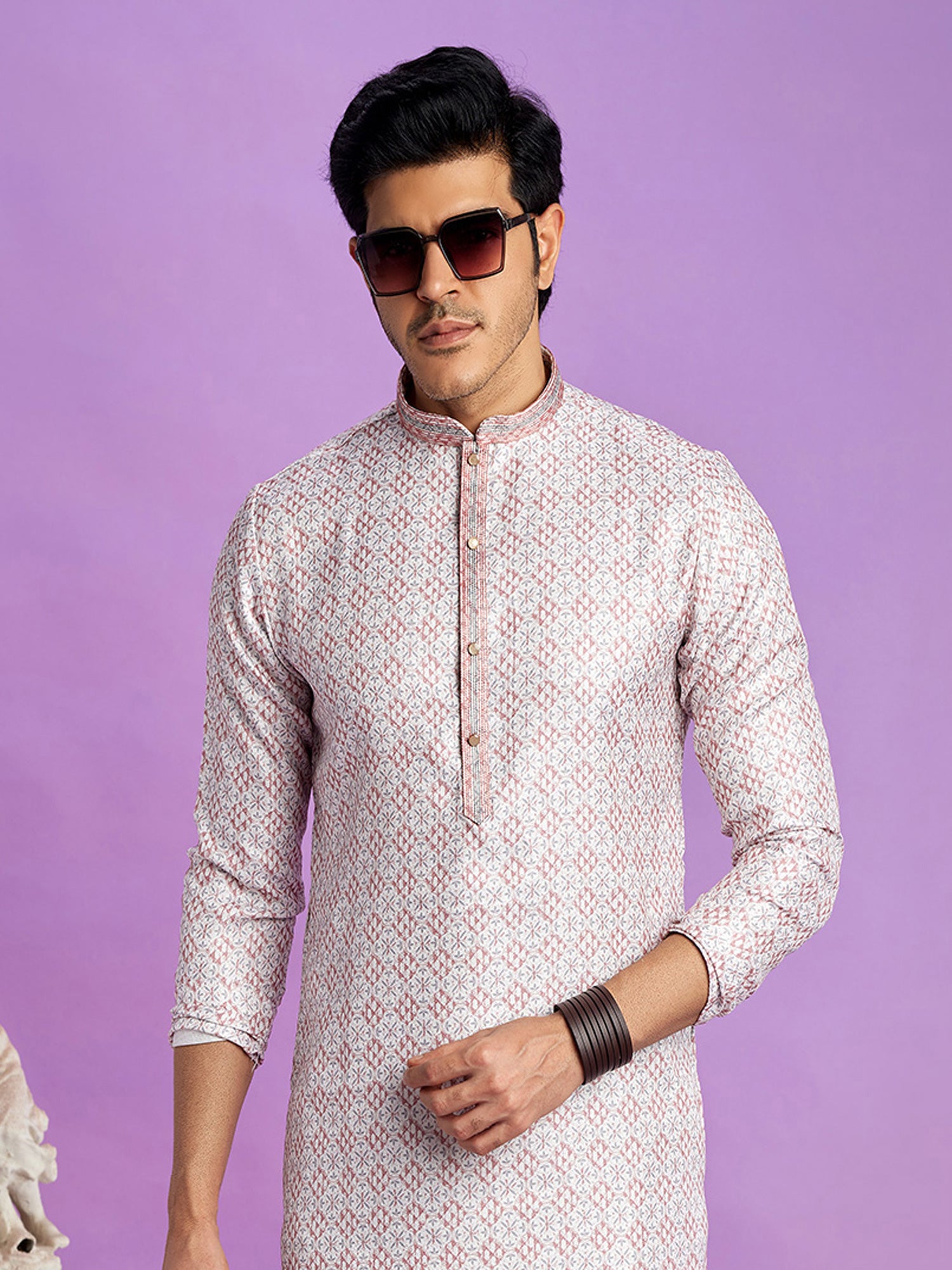 White Casual Printed Kurta With Pyjama In Cotton