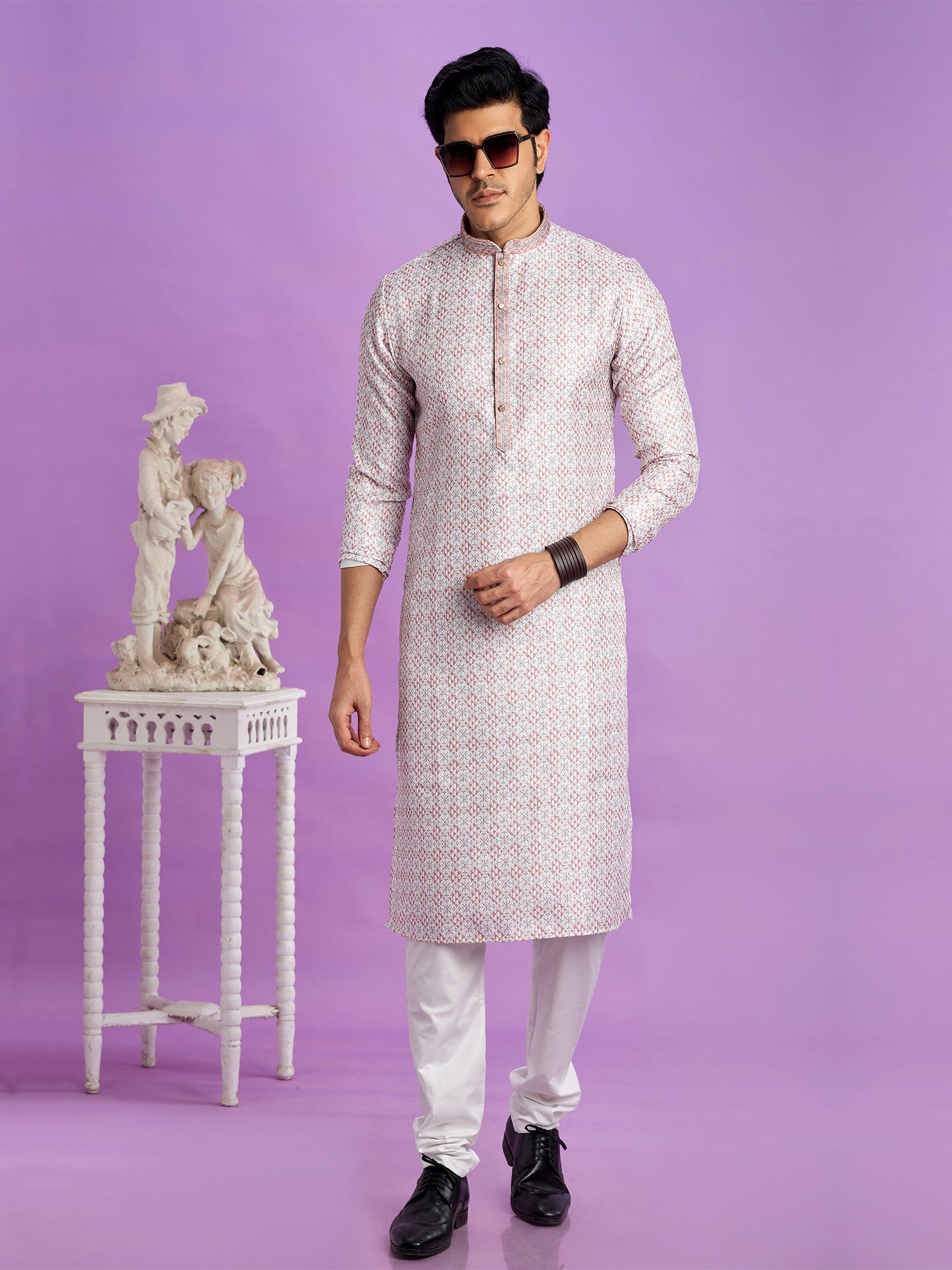 White Casual Printed Kurta With Pyjama In Cotton