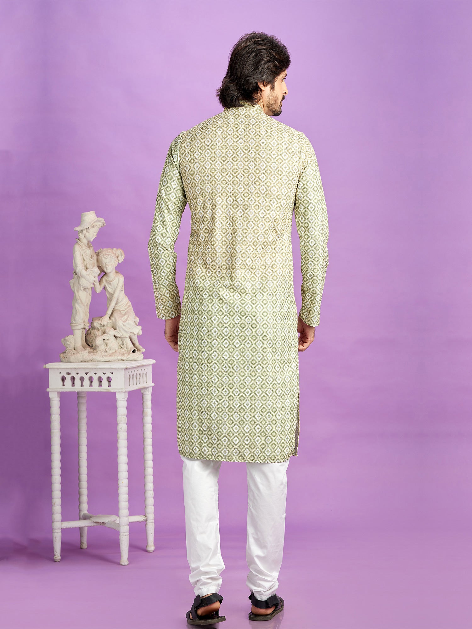 Green Festive Kurta Pyjama Set For Mens In Cotton