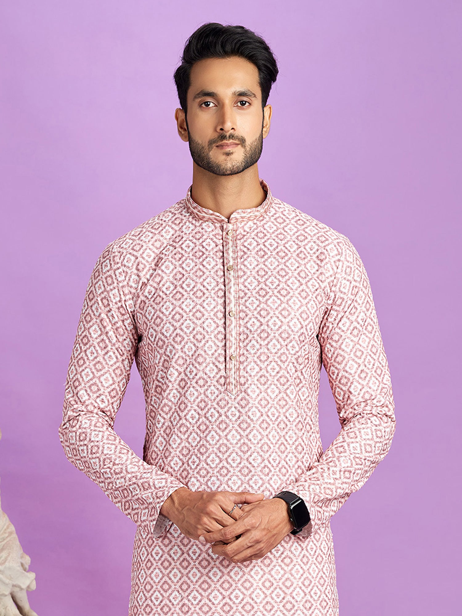 Pink Printed Kurta Pyjama Set For Mens In Cotton