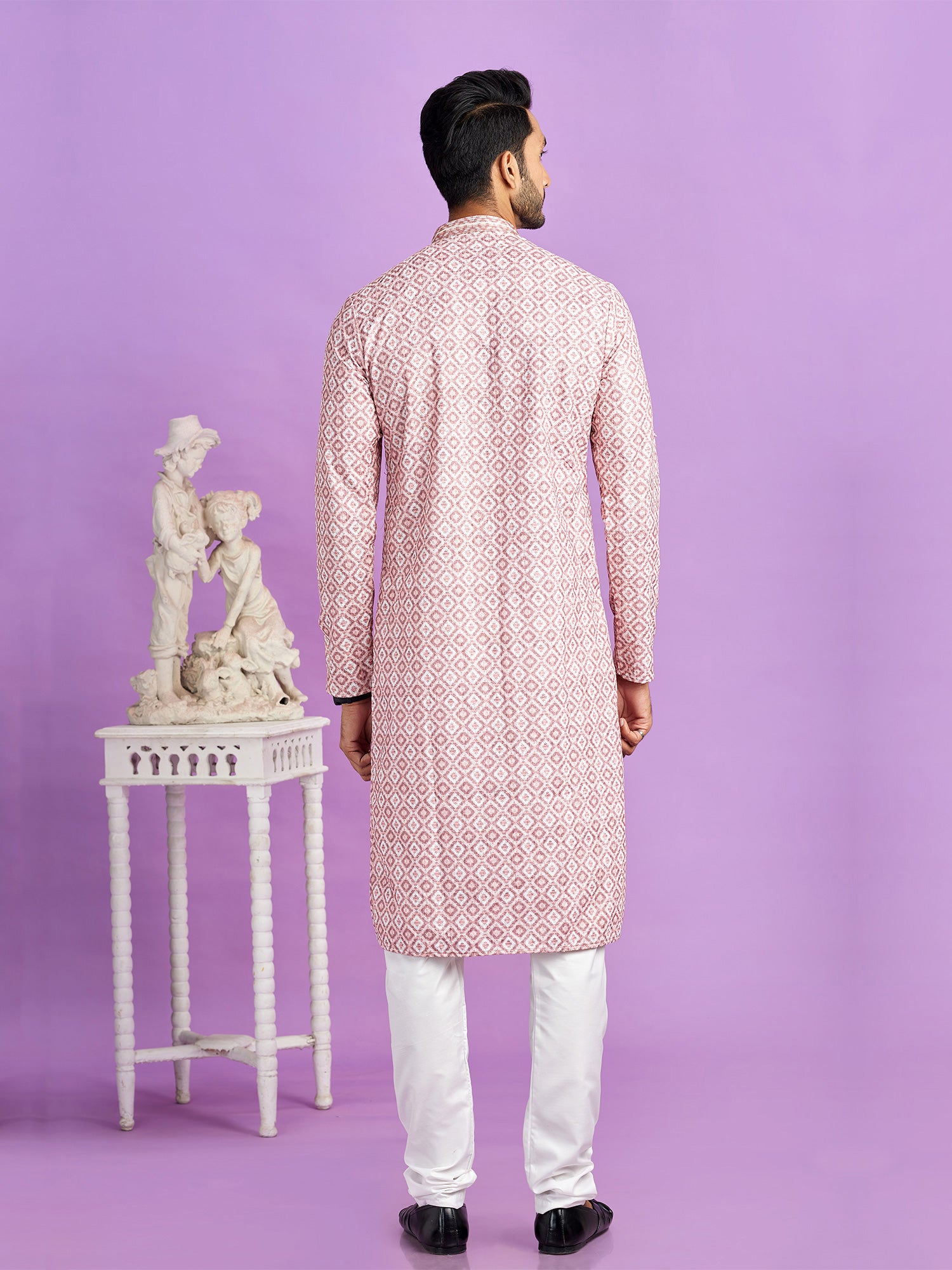 Pink Printed Kurta Pyjama Set For Mens In Cotton