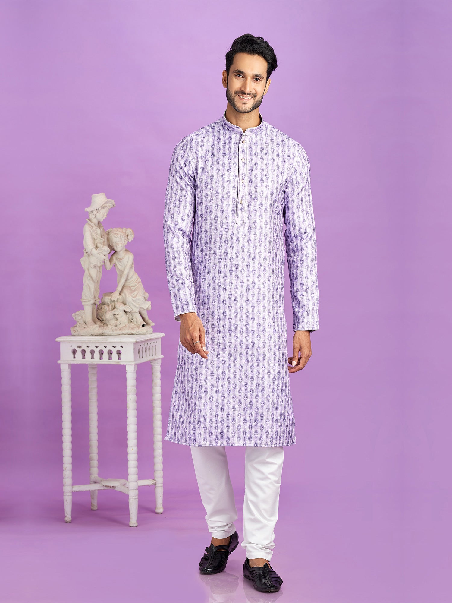 Purple Festive Kurta Set For Mens In Cotton With Print