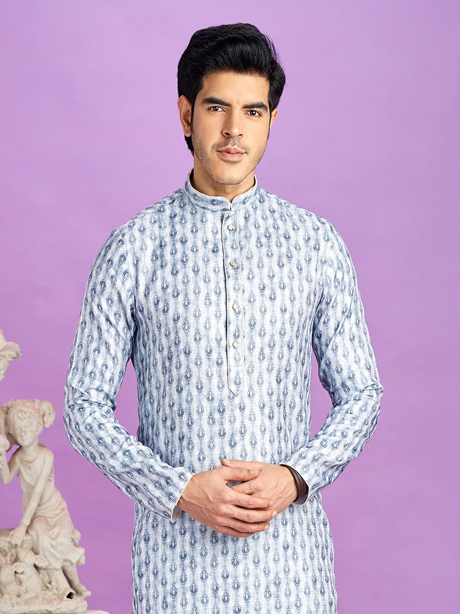 Blue Mens Readymade Cotton Kurta Pyjama In Print