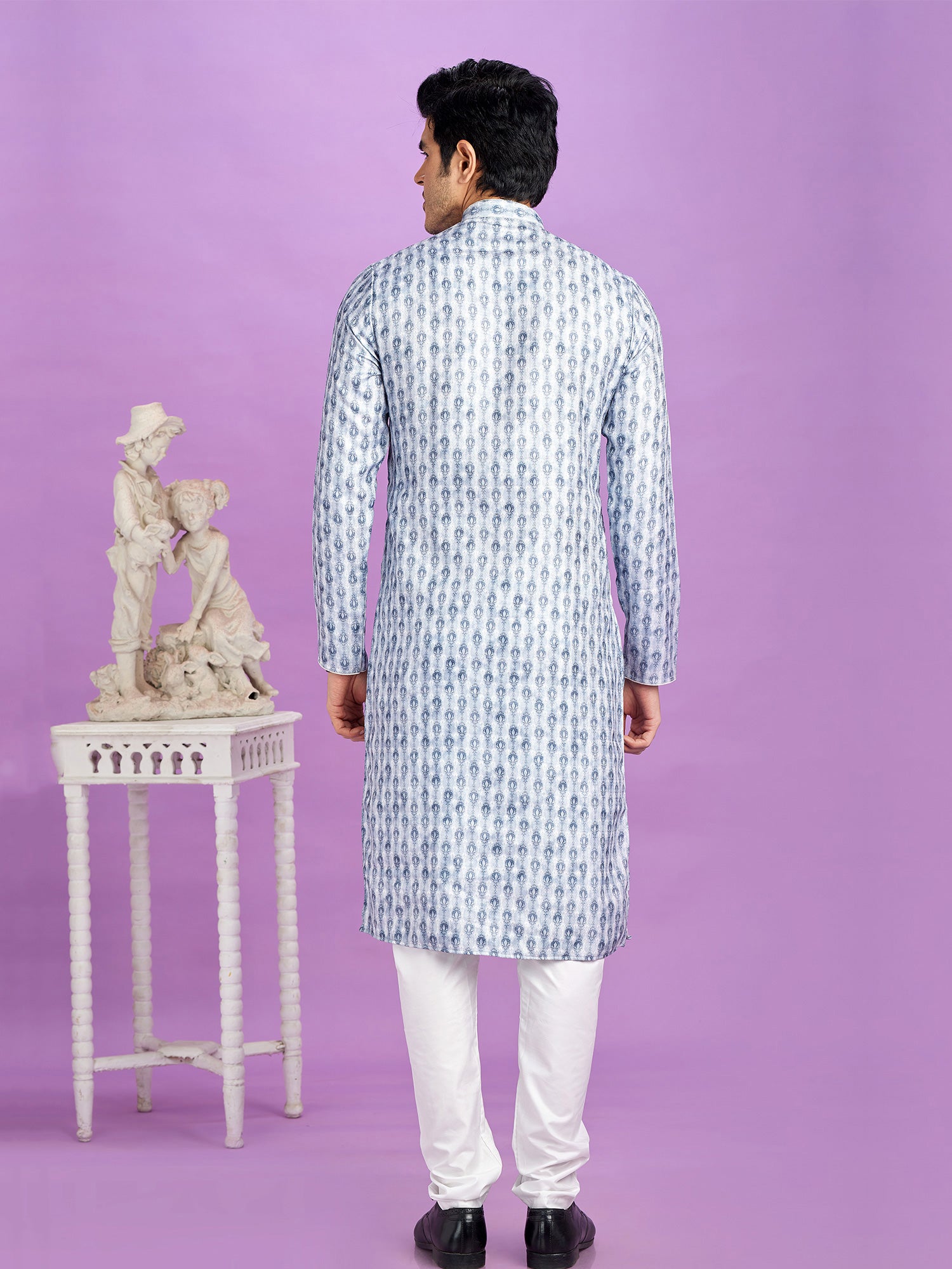 Blue Mens Readymade Cotton Kurta Pyjama In Print