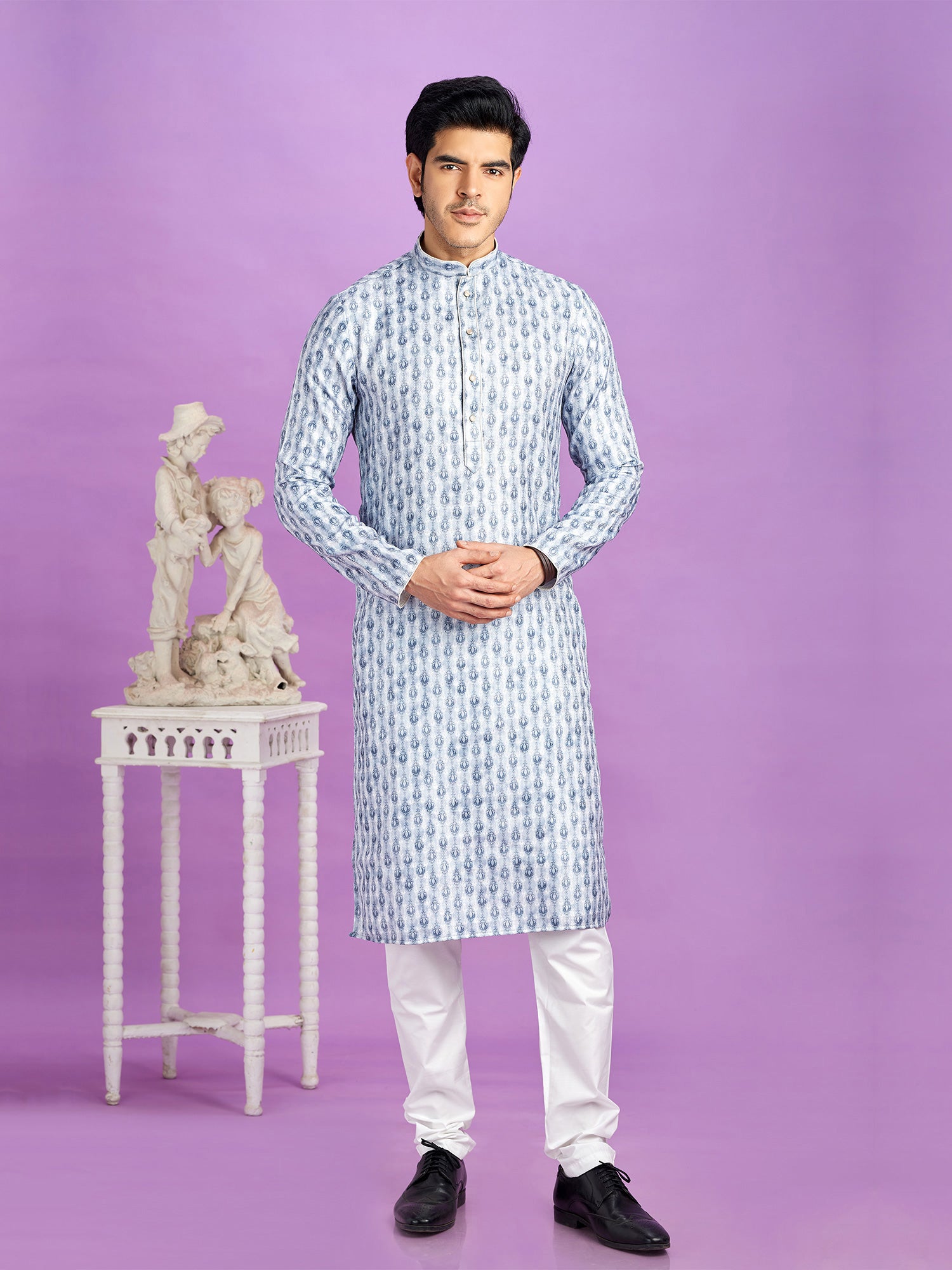Blue Mens Readymade Cotton Kurta Pyjama In Print