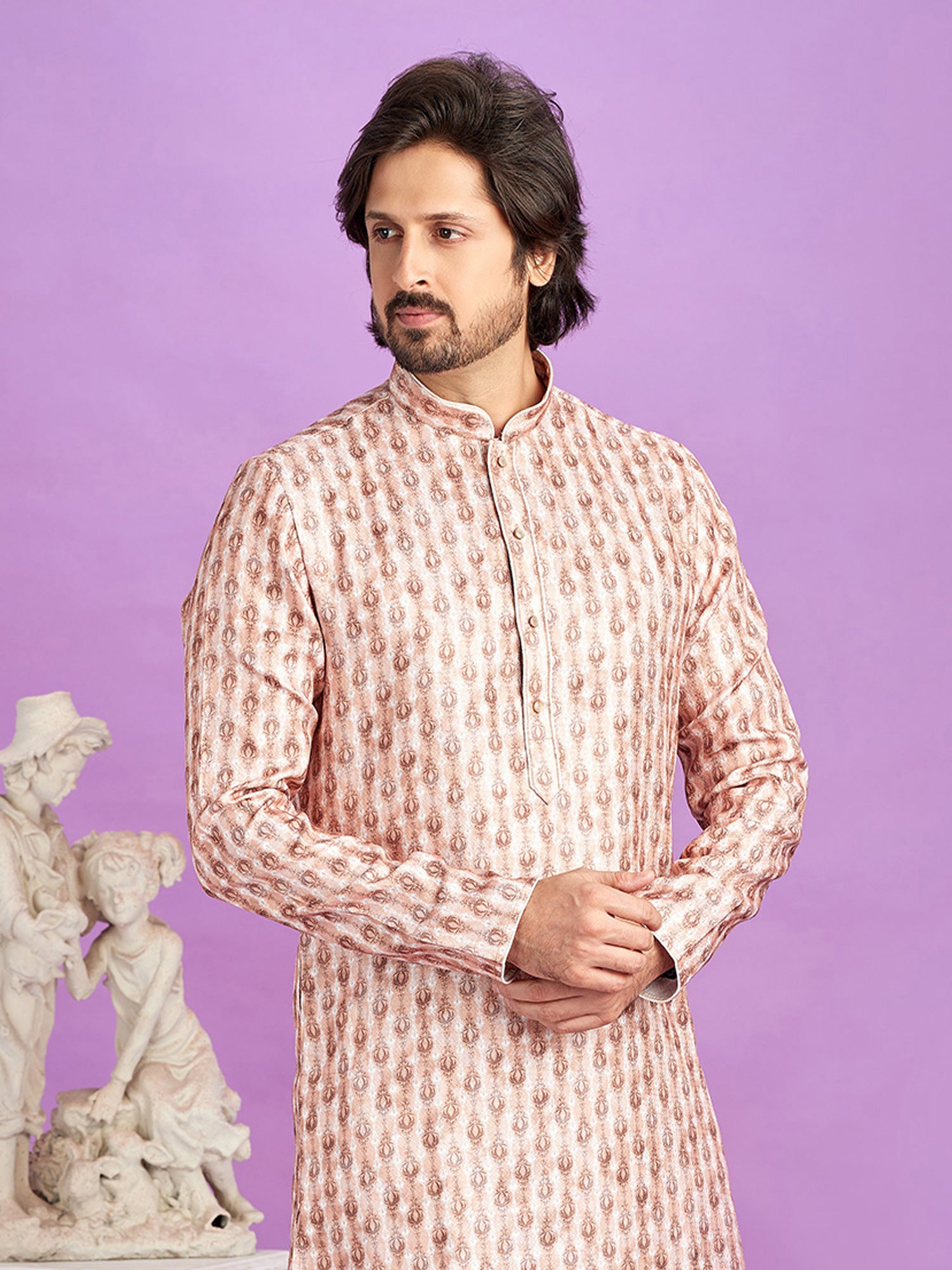 Cream Readymade Kurta Pyjama With Print In Cotton