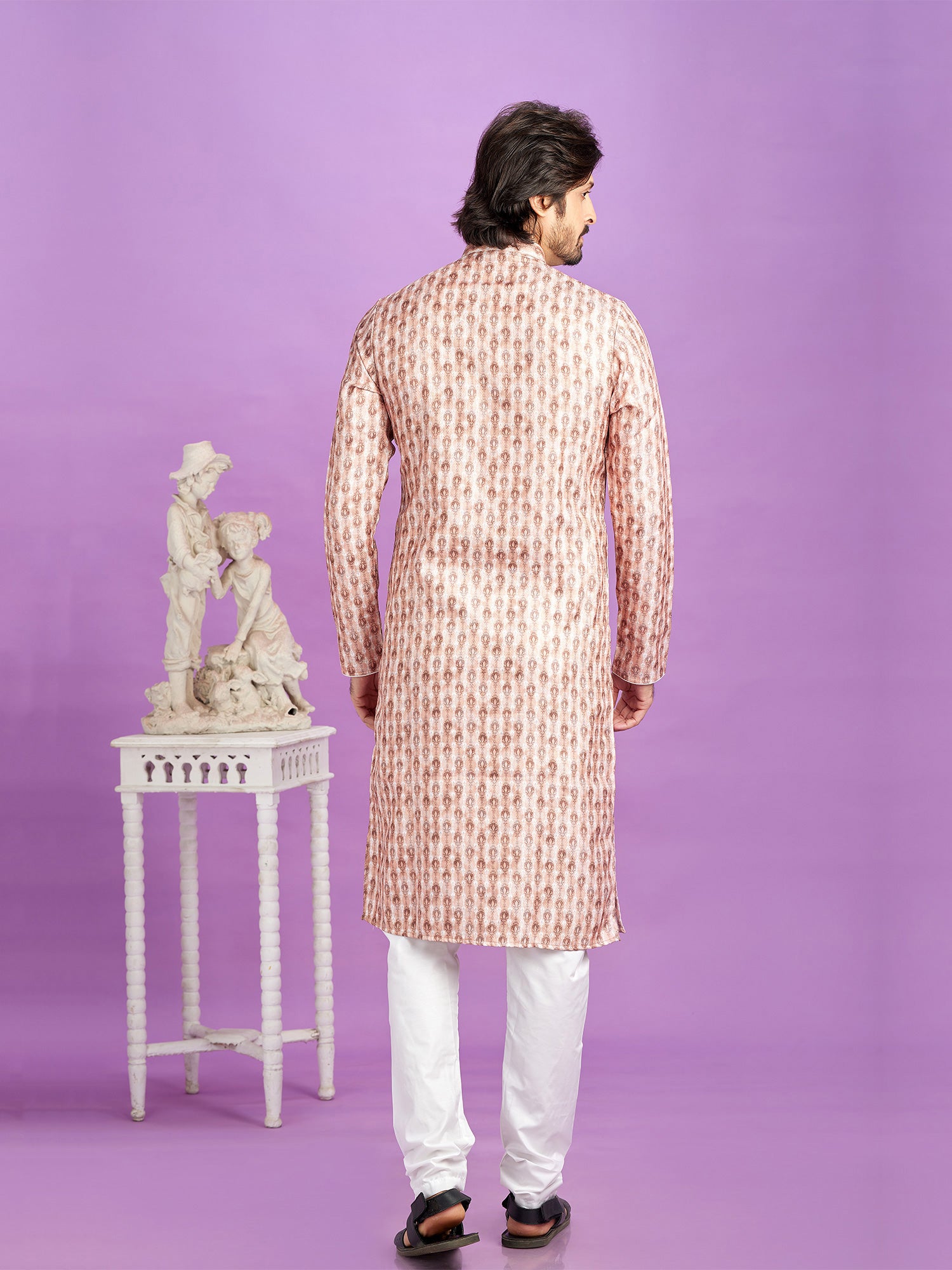 Cream Readymade Kurta Pyjama With Print In Cotton