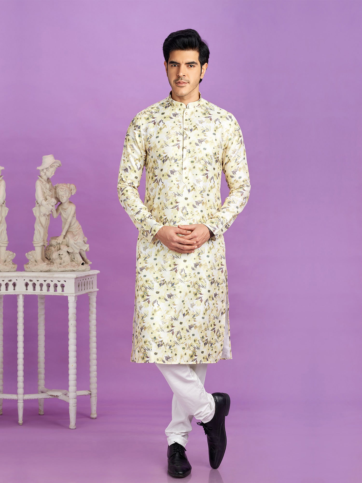 Cream Readymade Cotton Kurta Pyjama For Mens