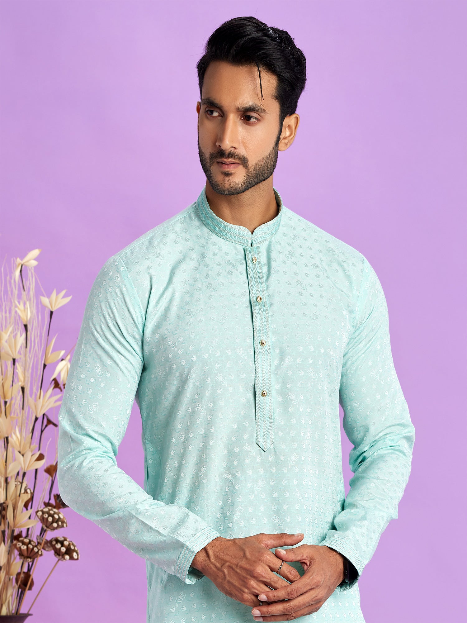Blue Readymade Kurta Pyjama Set In Art Silk