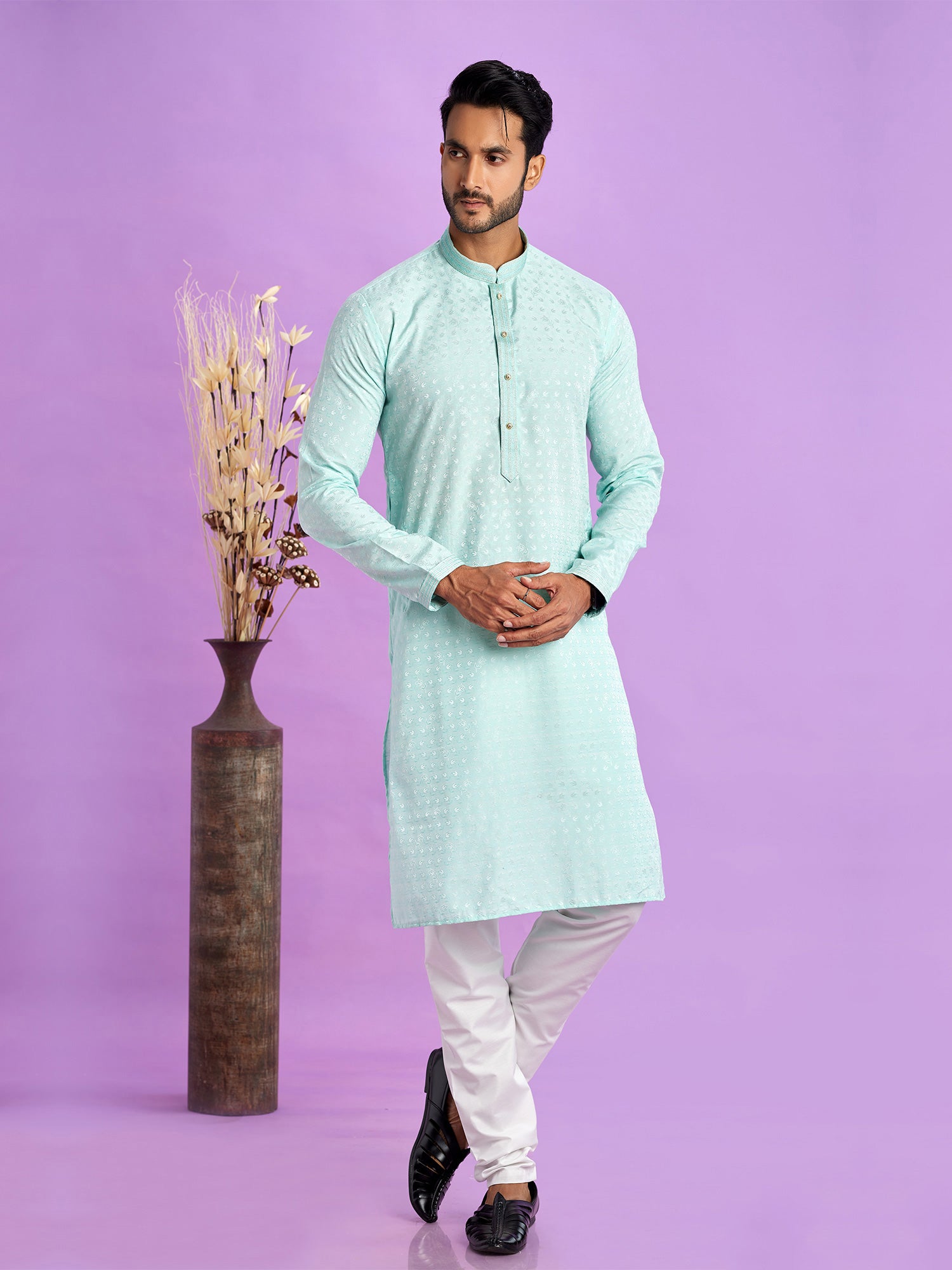 Blue Readymade Kurta Pyjama Set In Art Silk