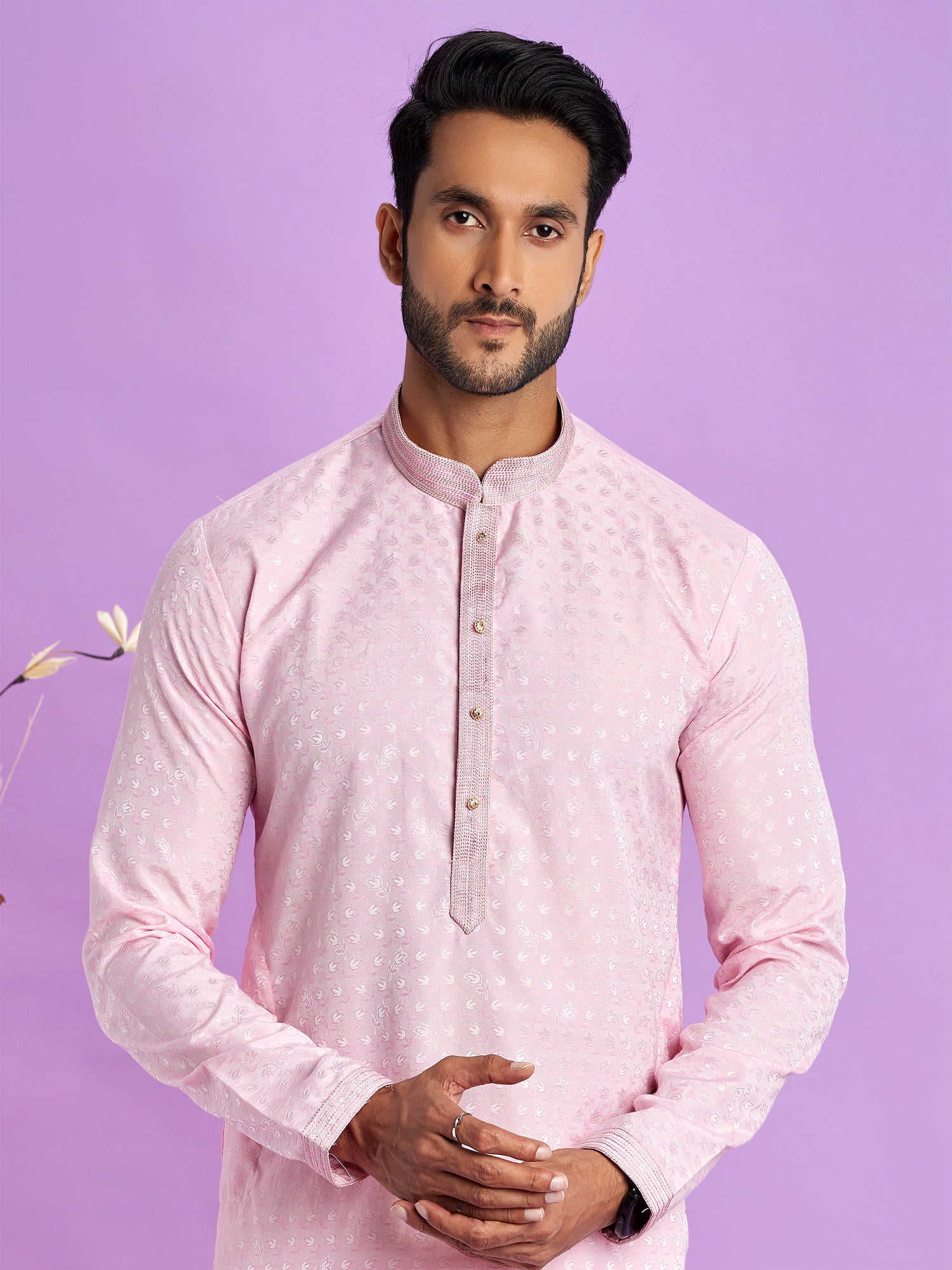 Light Pink Jacquard Silk Mens Kurta Pyjama
