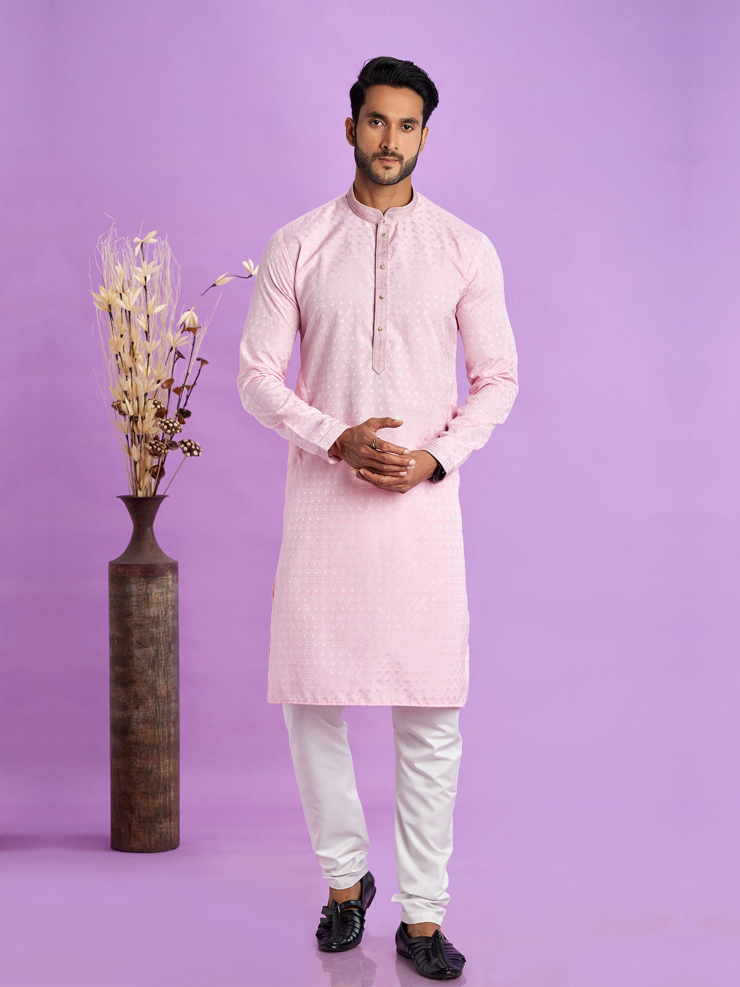 Light Pink Jacquard Silk Mens Kurta Pyjama