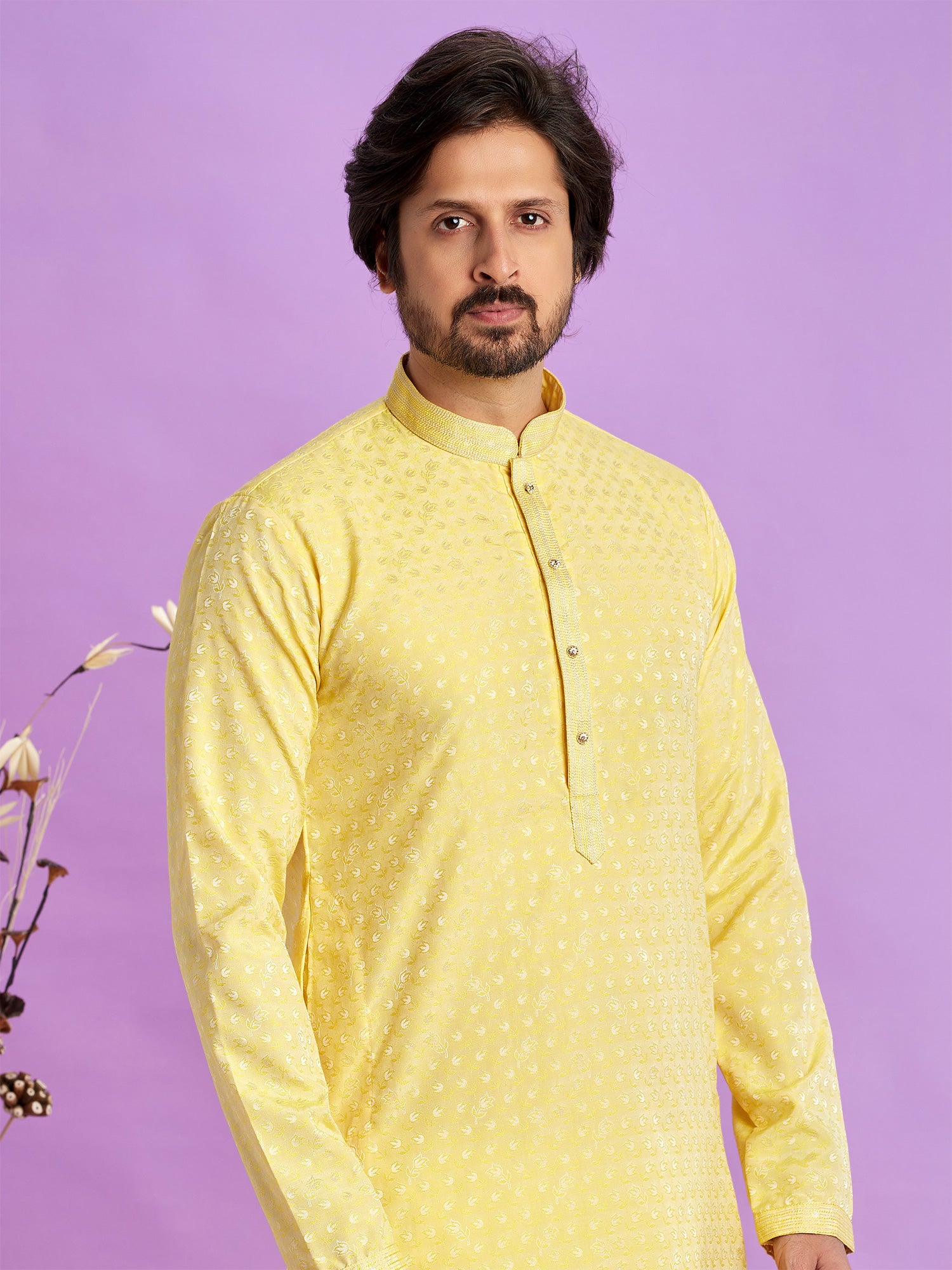 Light Yellow Mens Readymade Kurta Pyjama In Art Silk