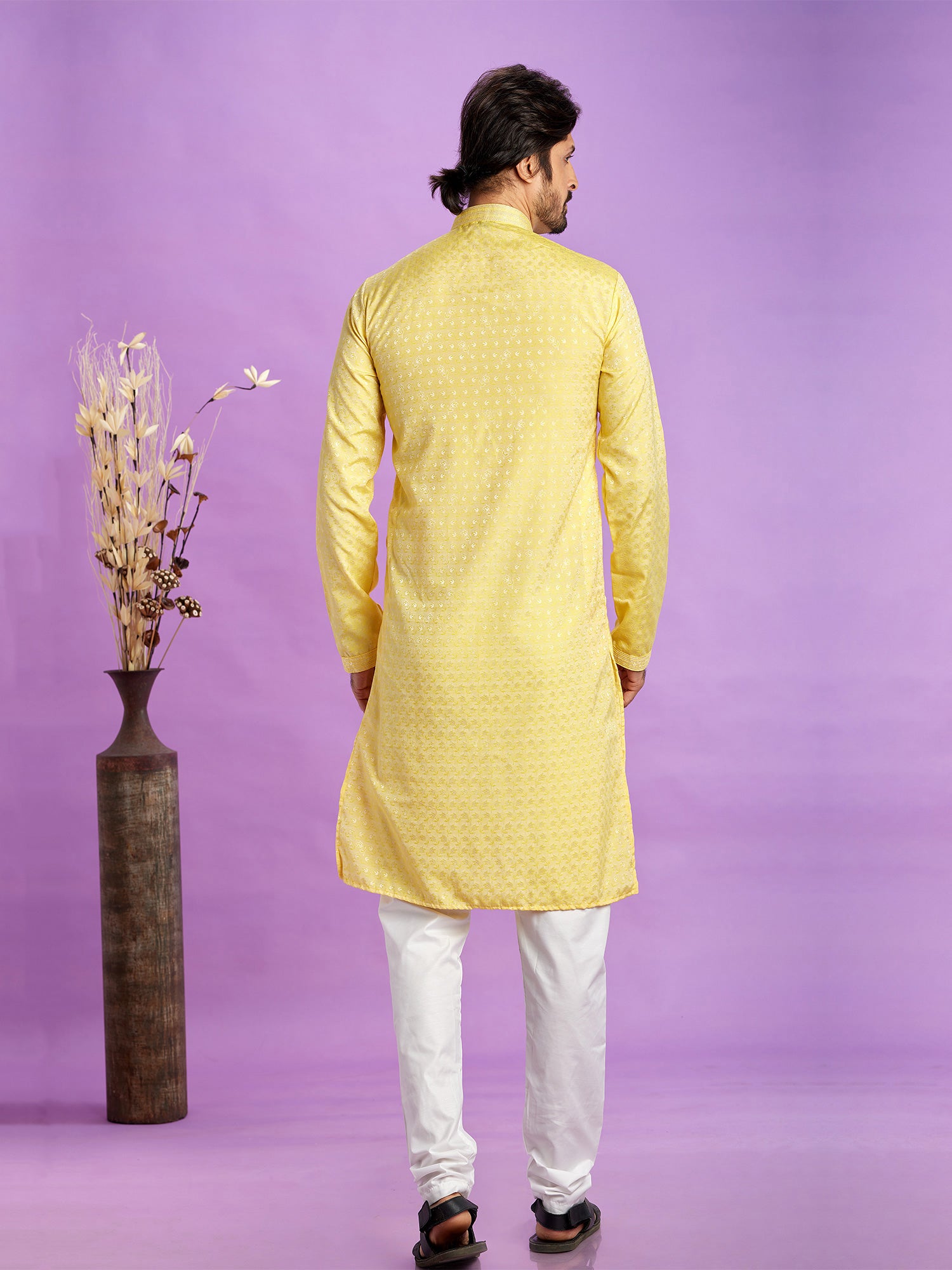 Light Yellow Mens Readymade Kurta Pyjama In Art Silk