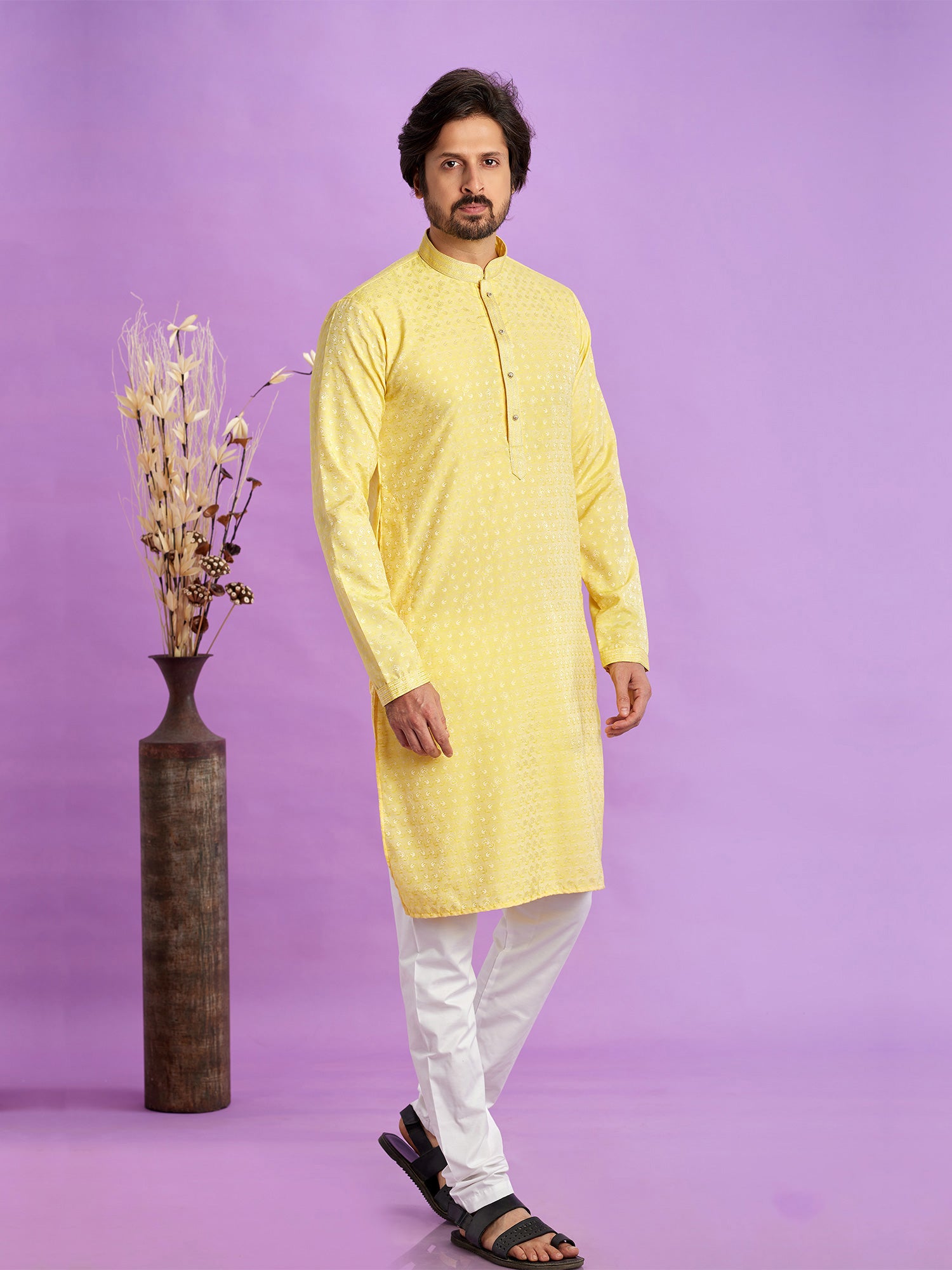 Light Yellow Mens Readymade Kurta Pyjama In Art Silk