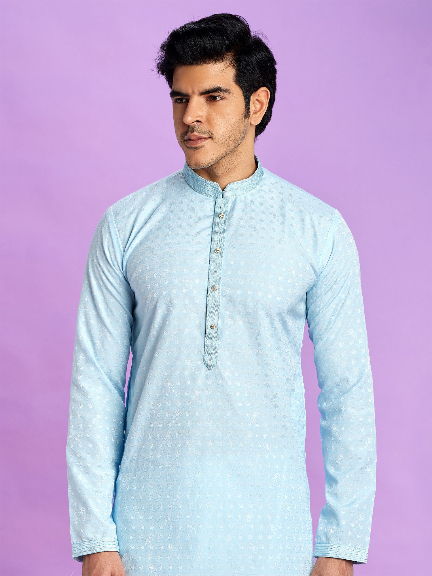 Sky Blue Readmade Kurta Pyjama Set In Jacquard Silk