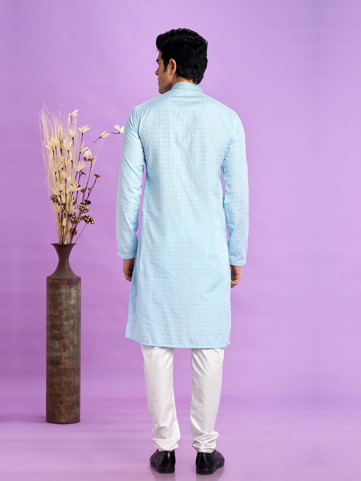 Sky Blue Readmade Kurta Pyjama Set In Jacquard Silk