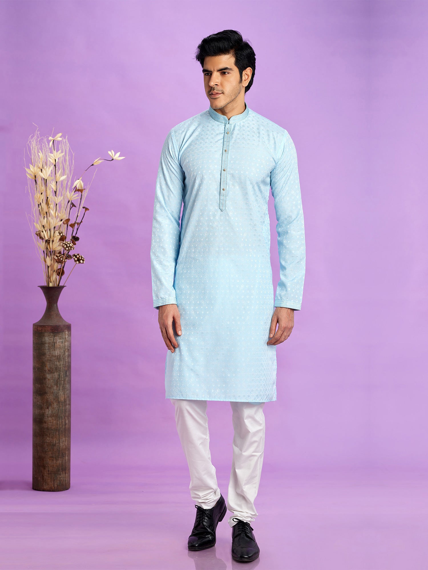 Sky Blue Readmade Kurta Pyjama Set In Jacquard Silk