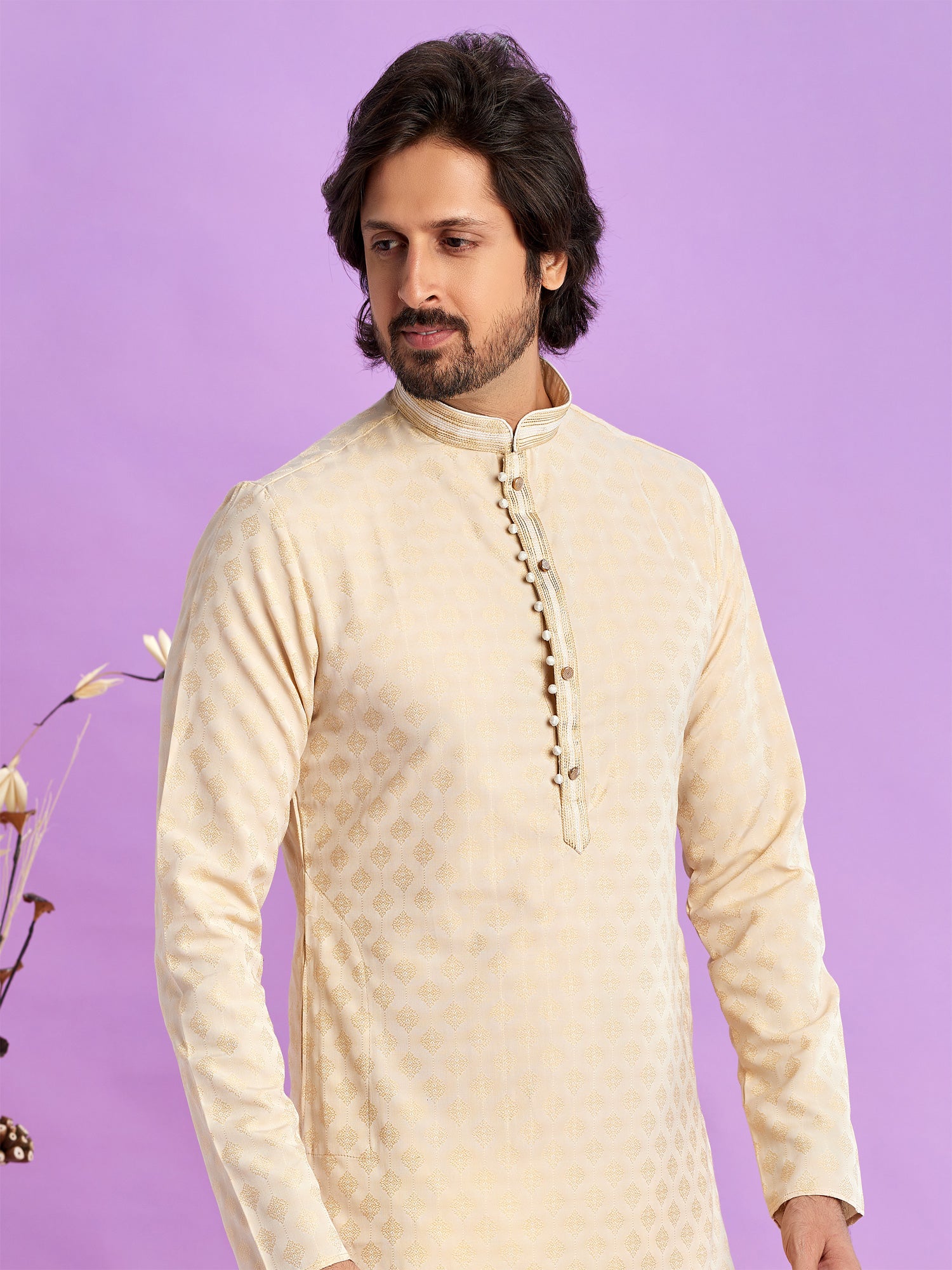 Cream Mens Readymade Kurta Pyjama In Art Silk