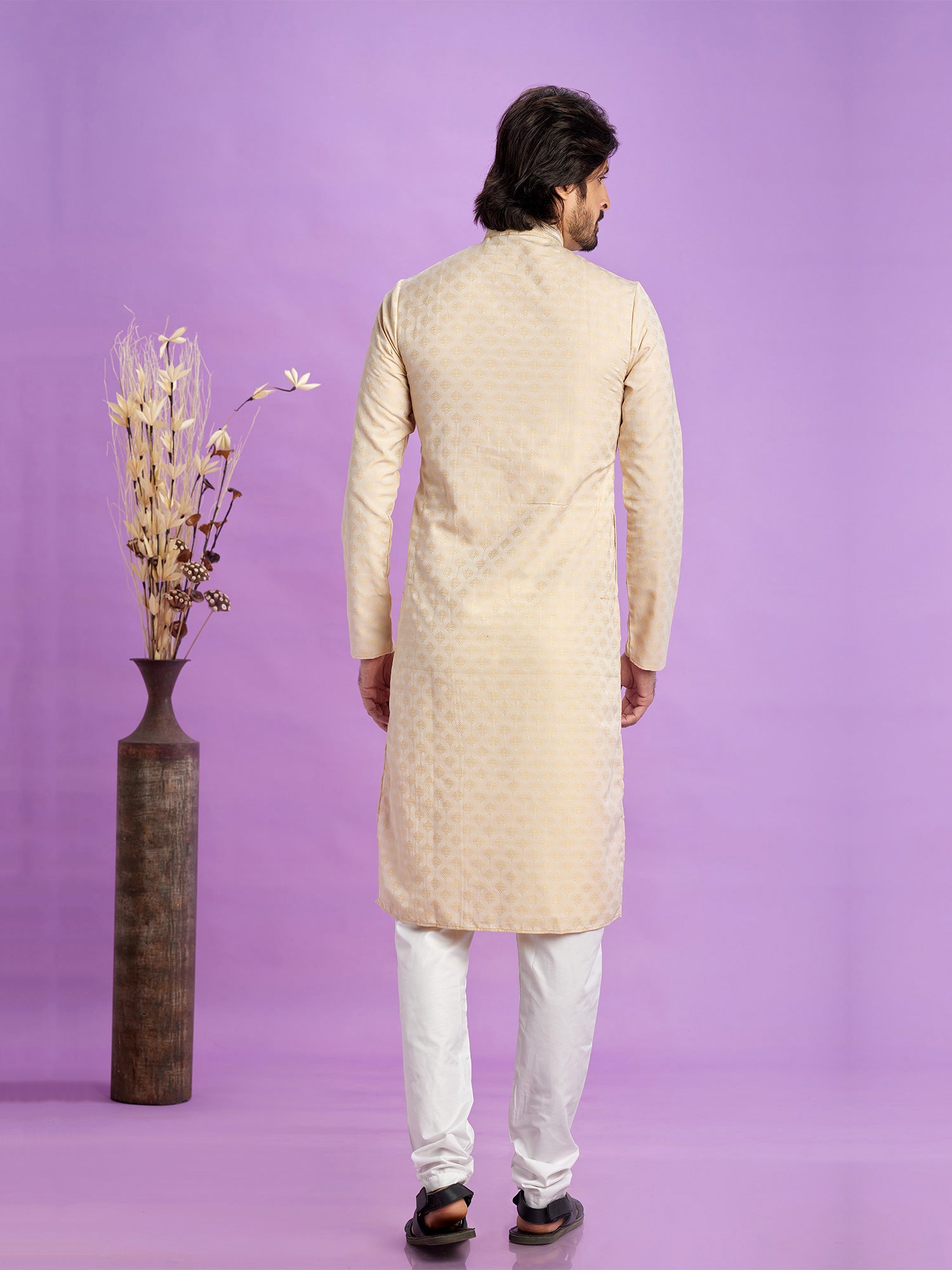 Cream Mens Readymade Kurta Pyjama In Art Silk