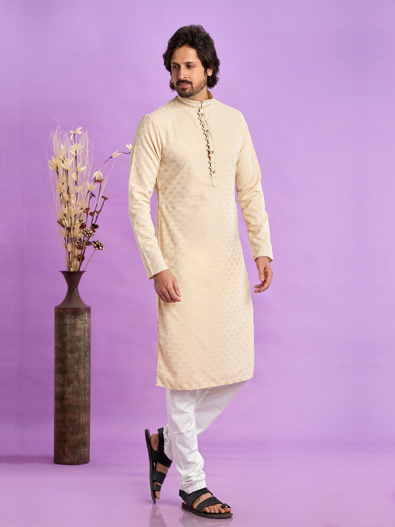 Cream Mens Readymade Kurta Pyjama In Art Silk