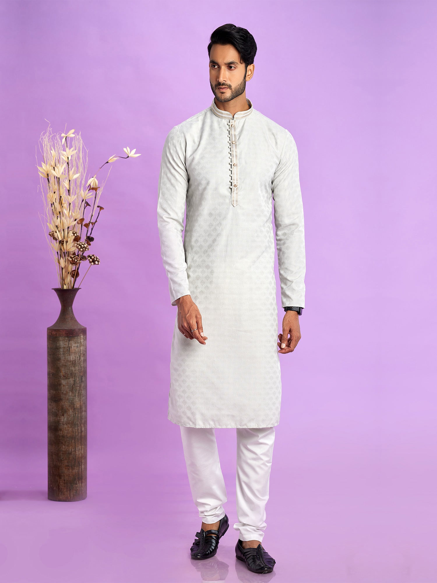 Off White Casual Kurta Pyjama Set For Mens