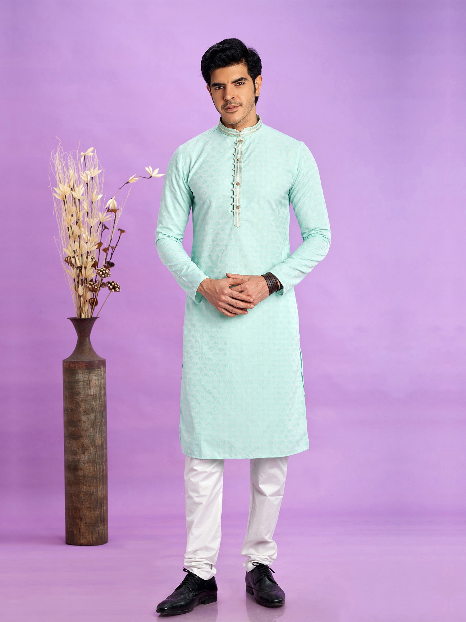 Sky Blue Art Silk Kurta Pyjama For Mens