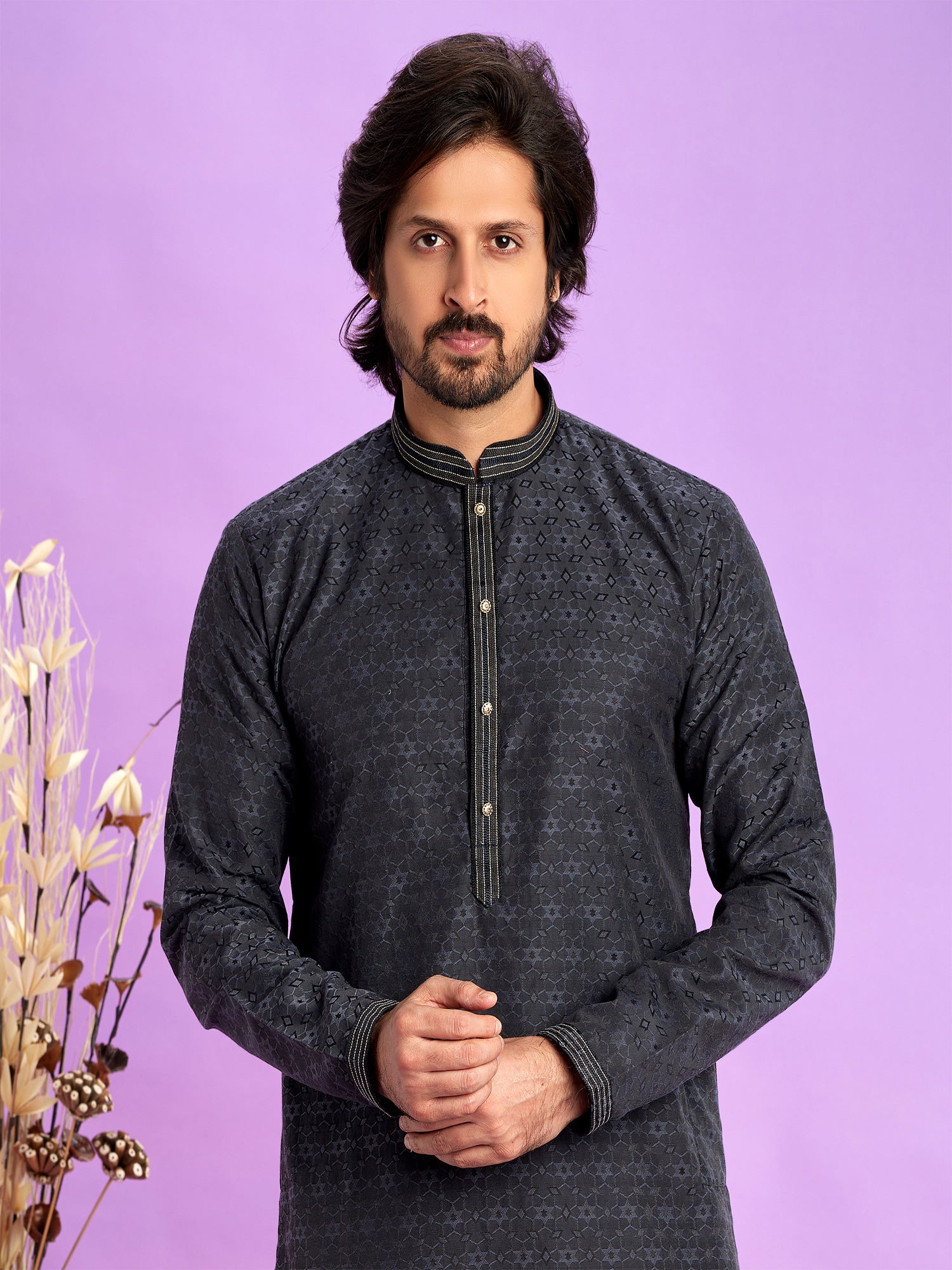 Black Self Weaving Readymade Mens Kurta Pyjama