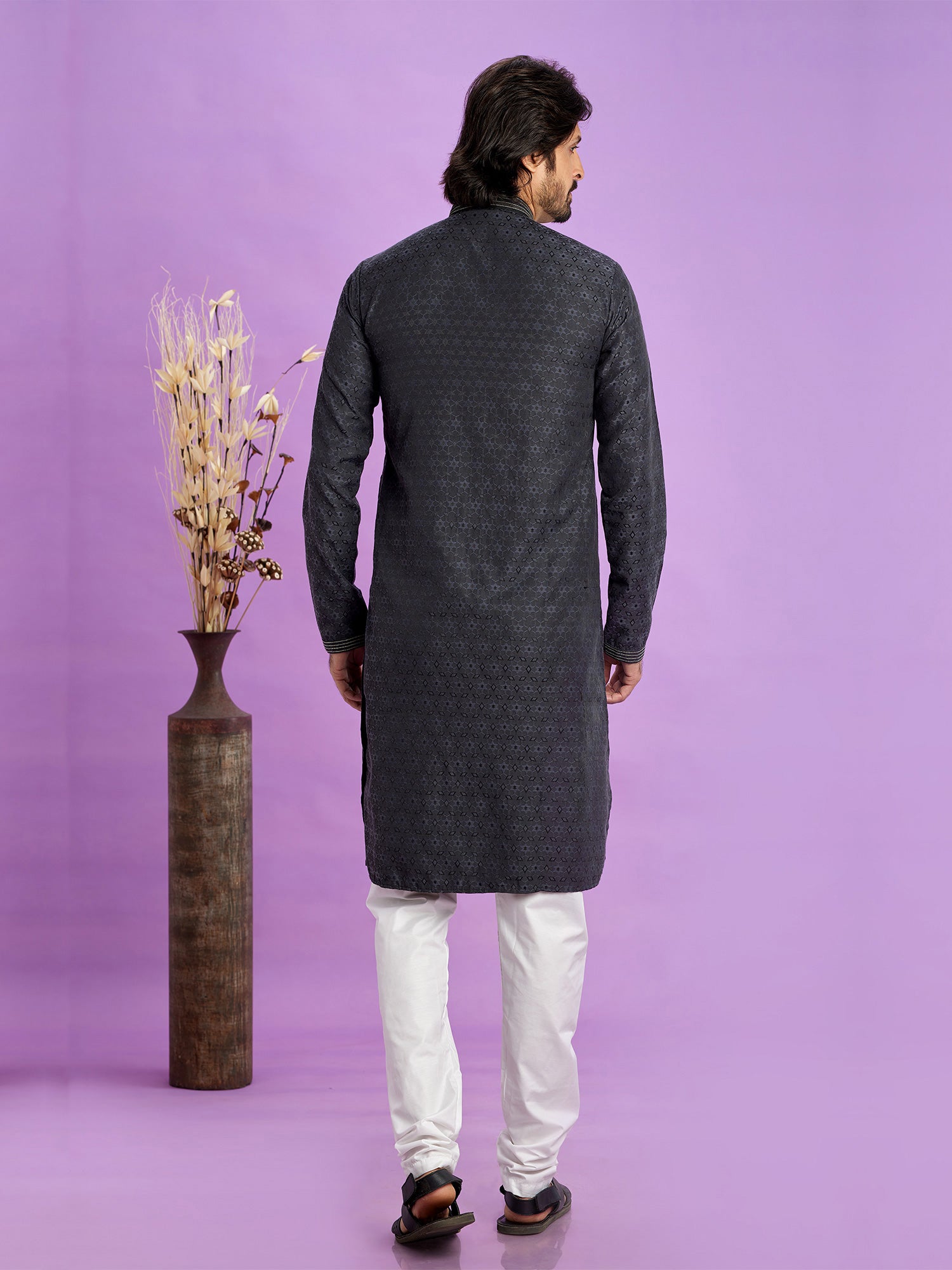 Black Self Weaving Readymade Mens Kurta Pyjama