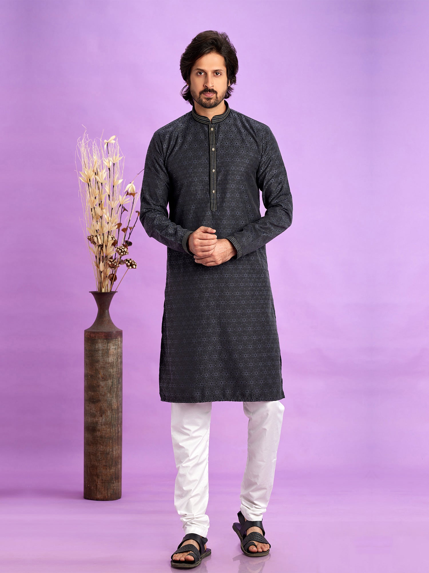 Black Self Weaving Readymade Mens Kurta Pyjama