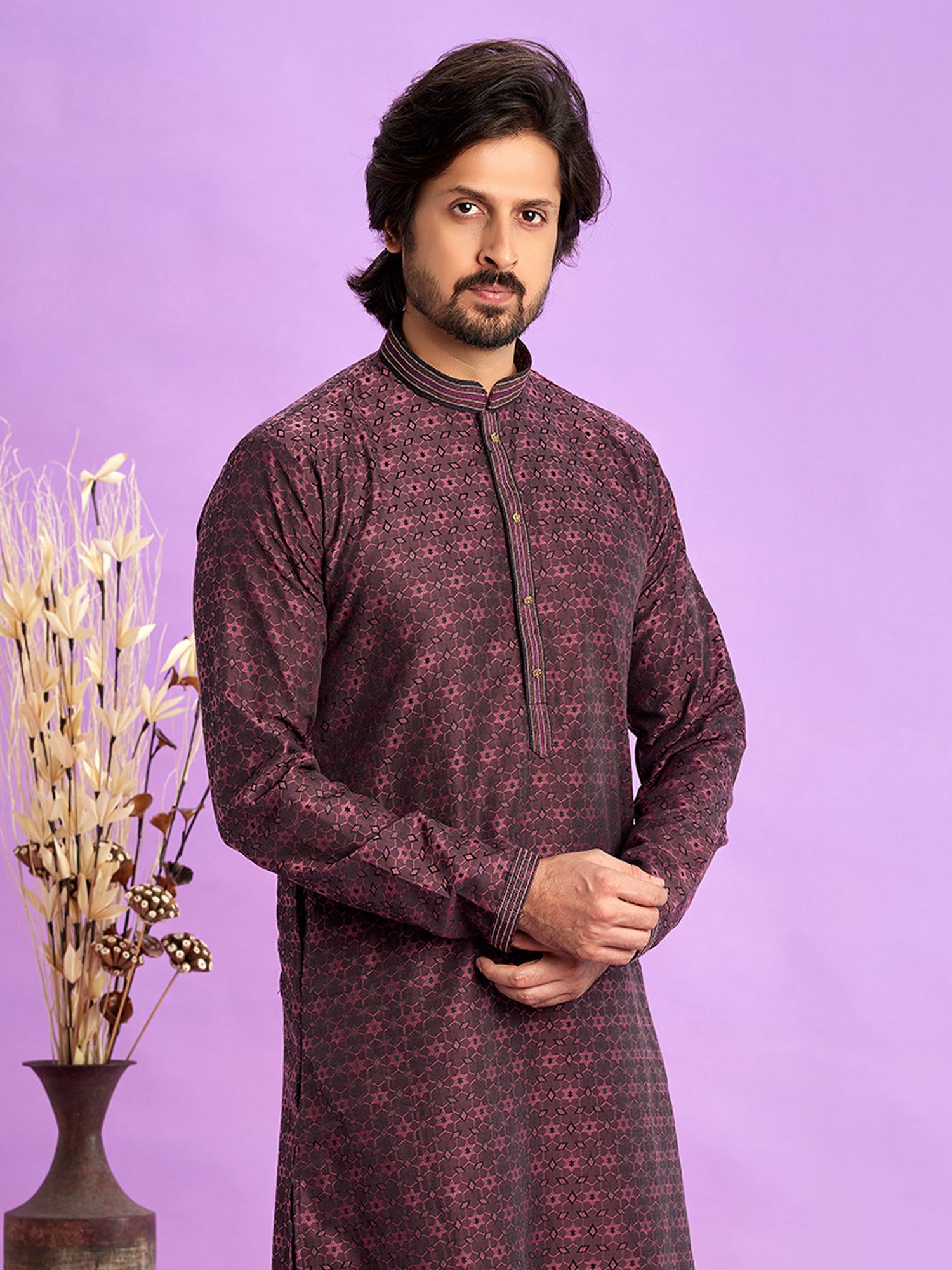 Dark Red Self Woven Mens Readymade Kurta