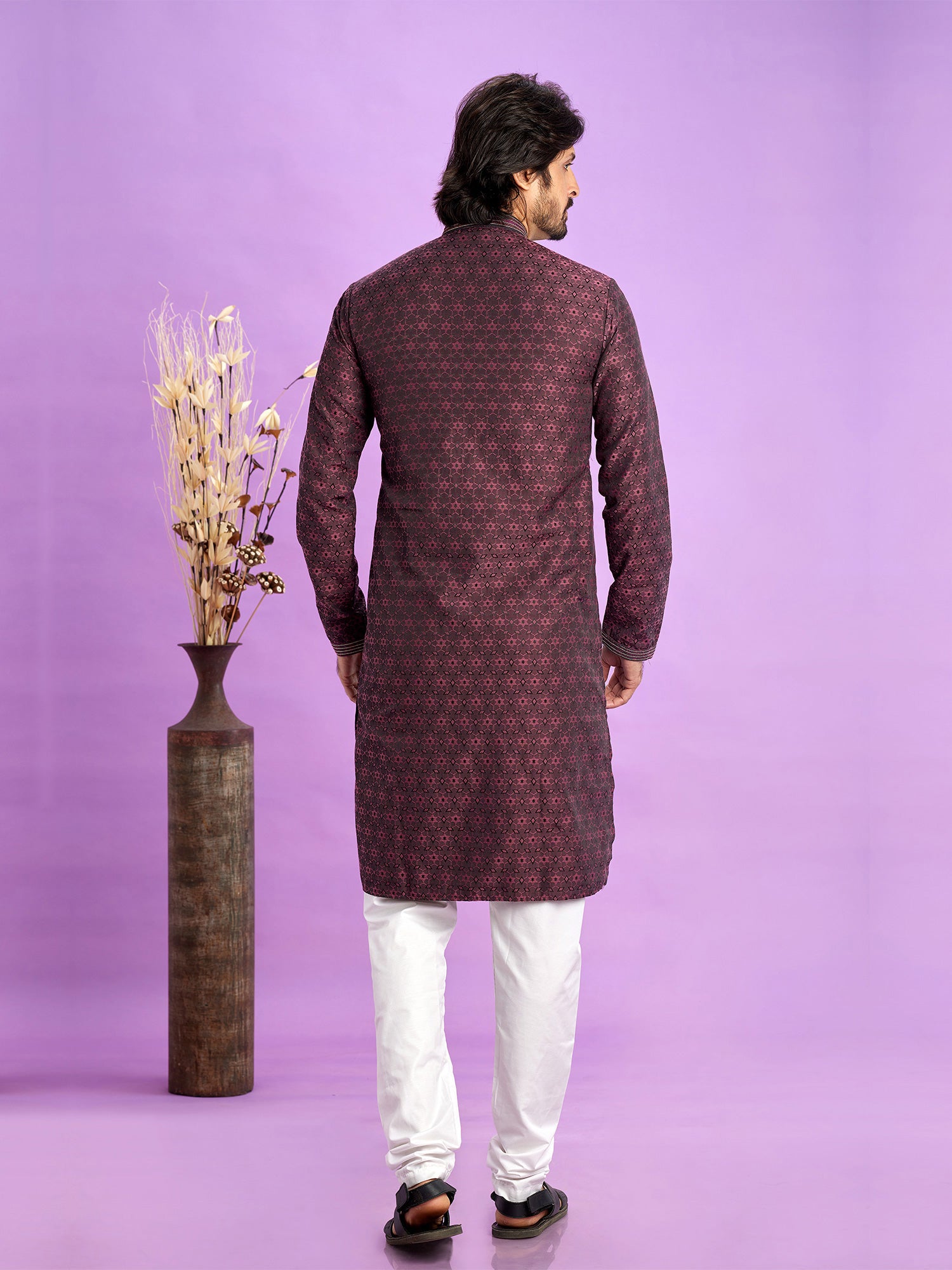Dark Red Self Woven Mens Readymade Kurta