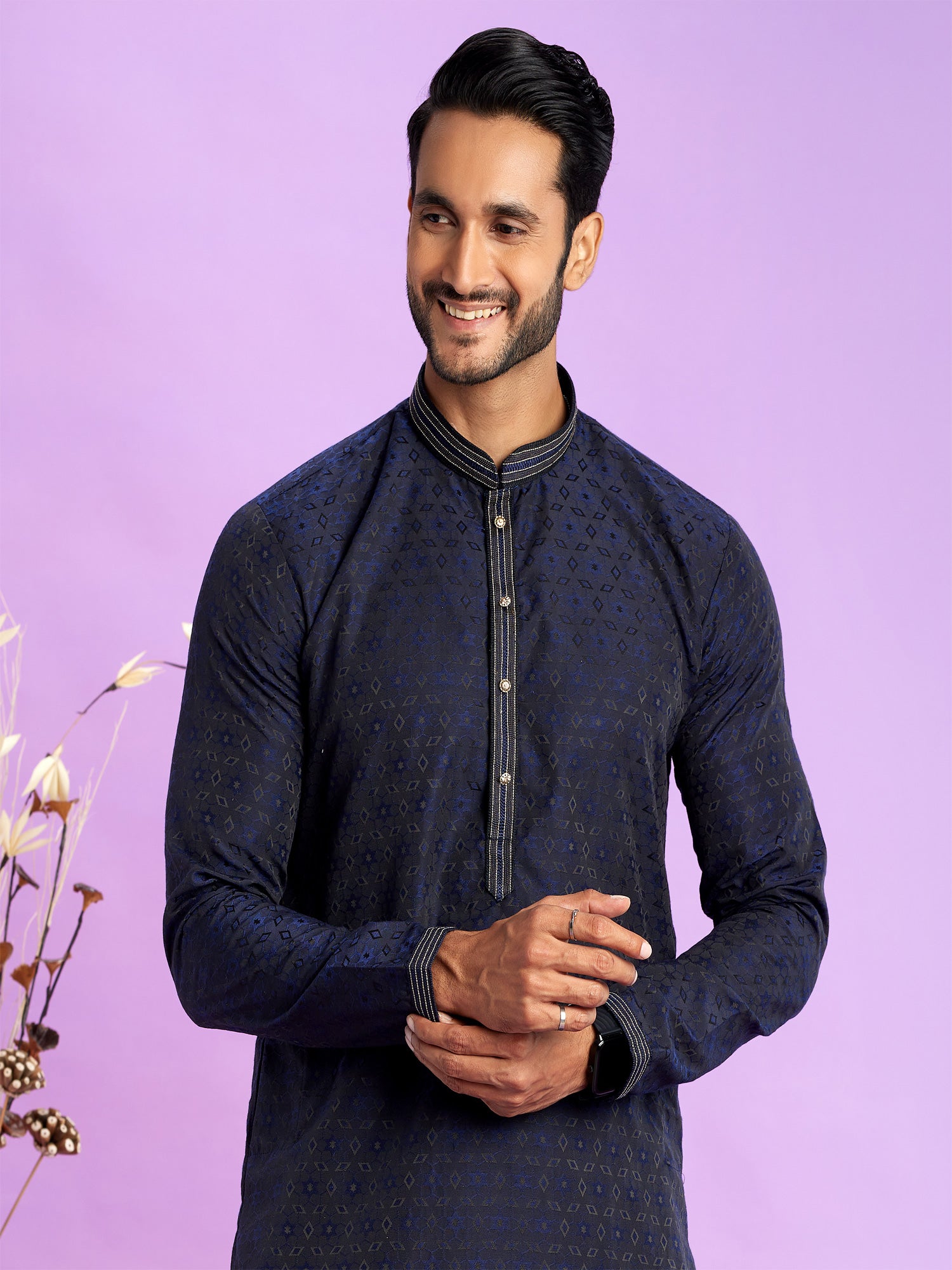 Navy Blue Festive Kurta Pyjama For Mens In Art Silk