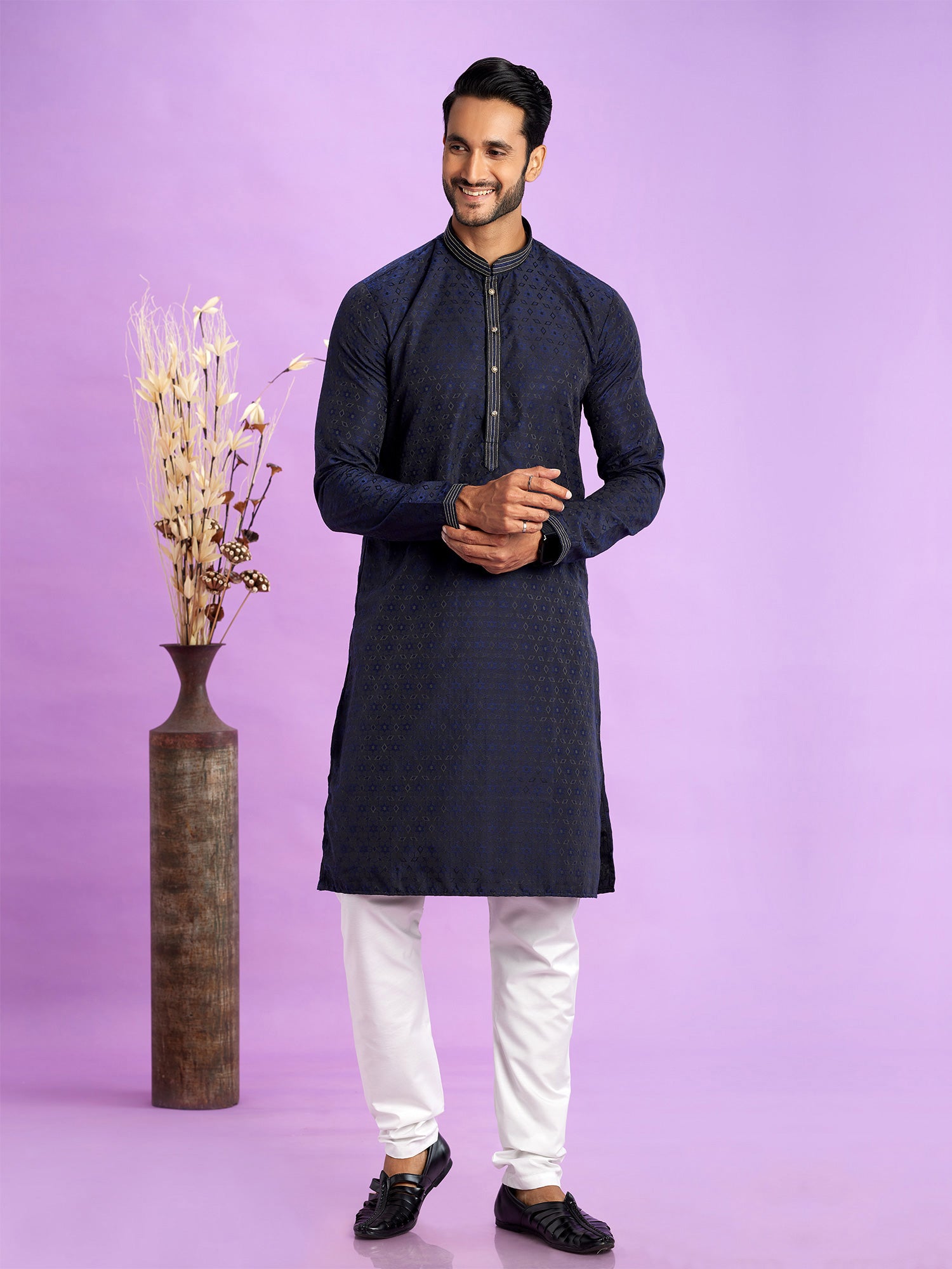 Navy Blue Festive Kurta Pyjama For Mens In Art Silk